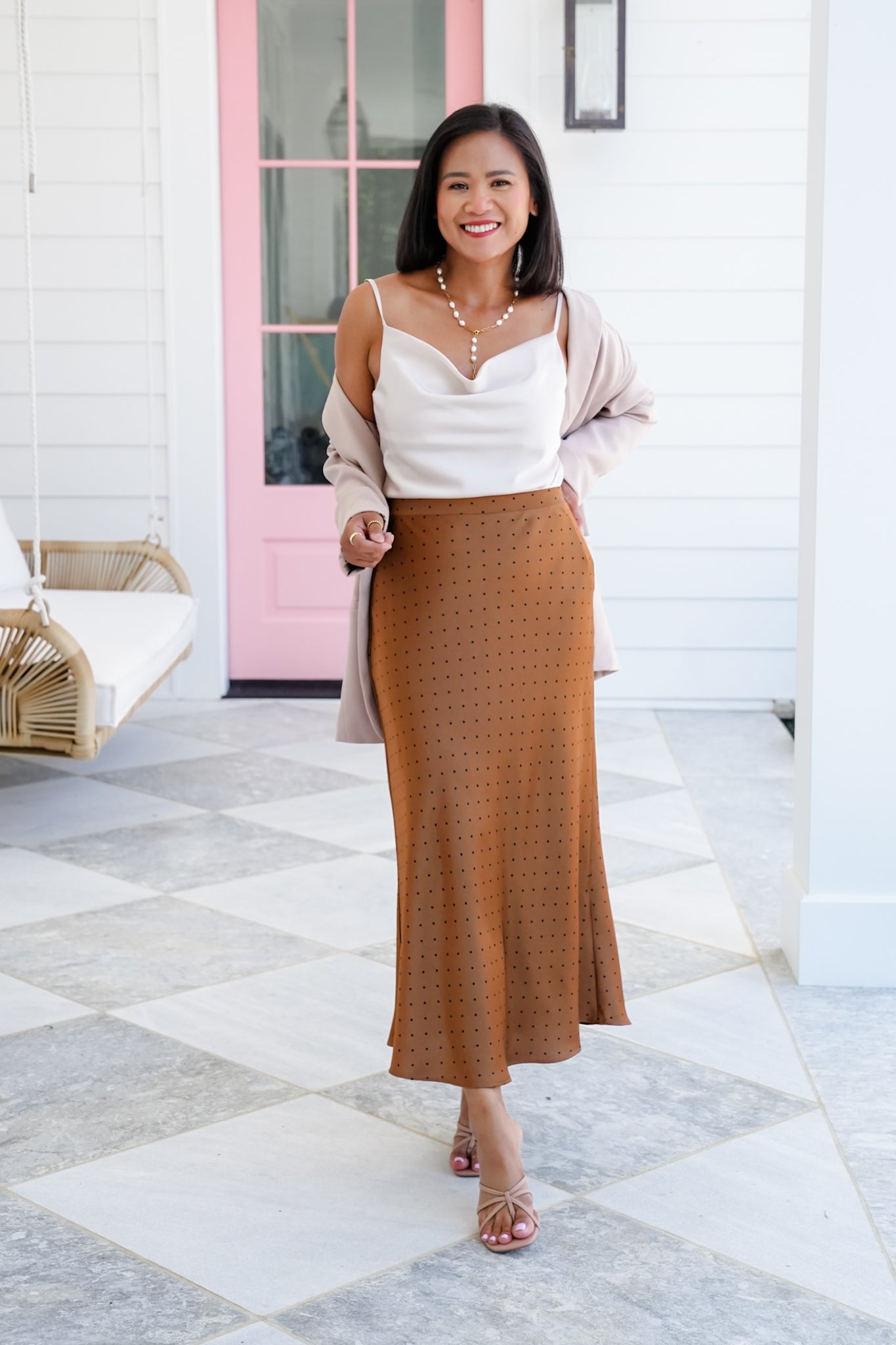 Polka Dot Satin Midi Skirt