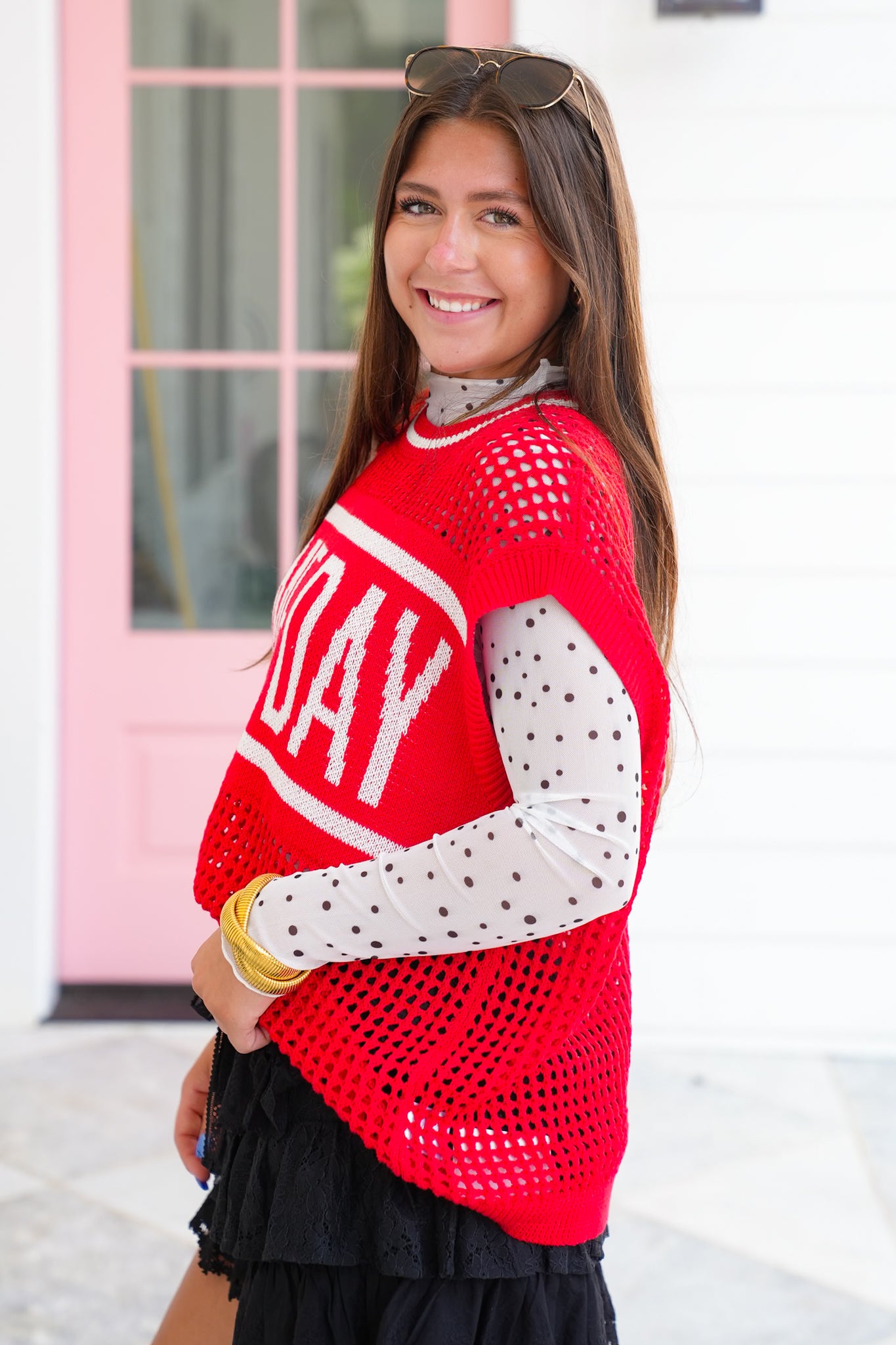 Red Sleeveless "Game Day" Sweater Top