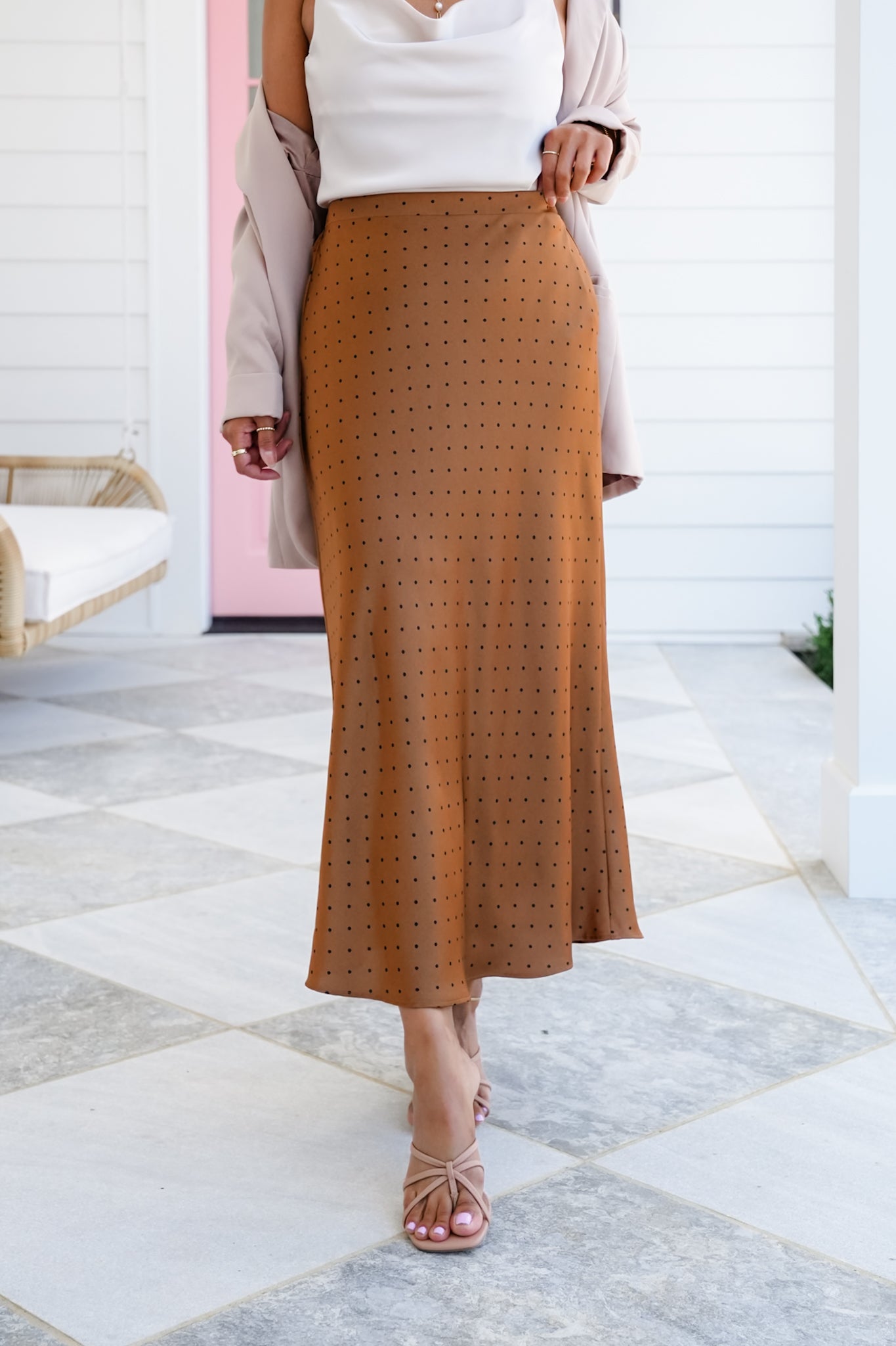 Polka Dot Satin Midi Skirt