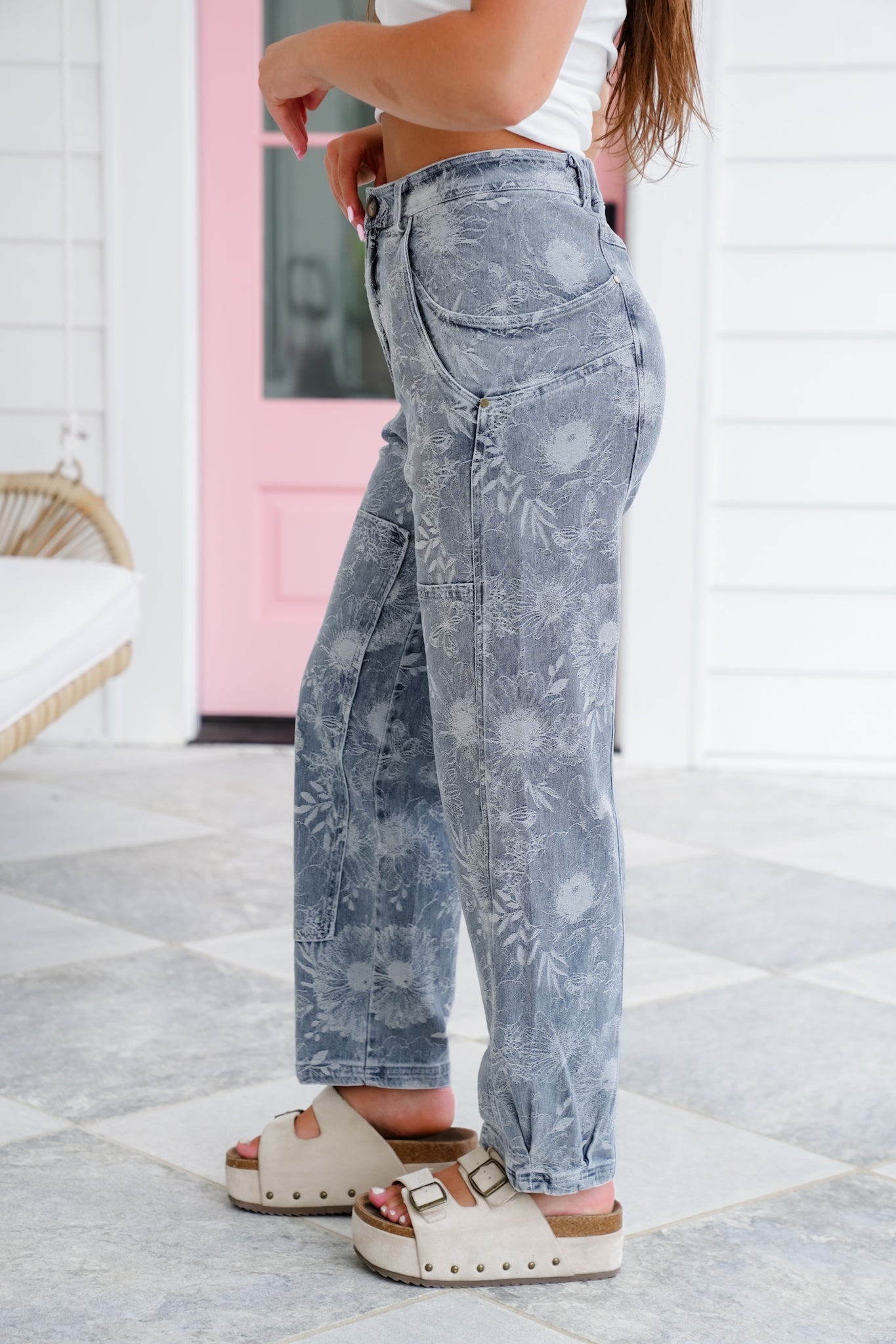 Floral Denim Mid Rise Barrell Jeans
