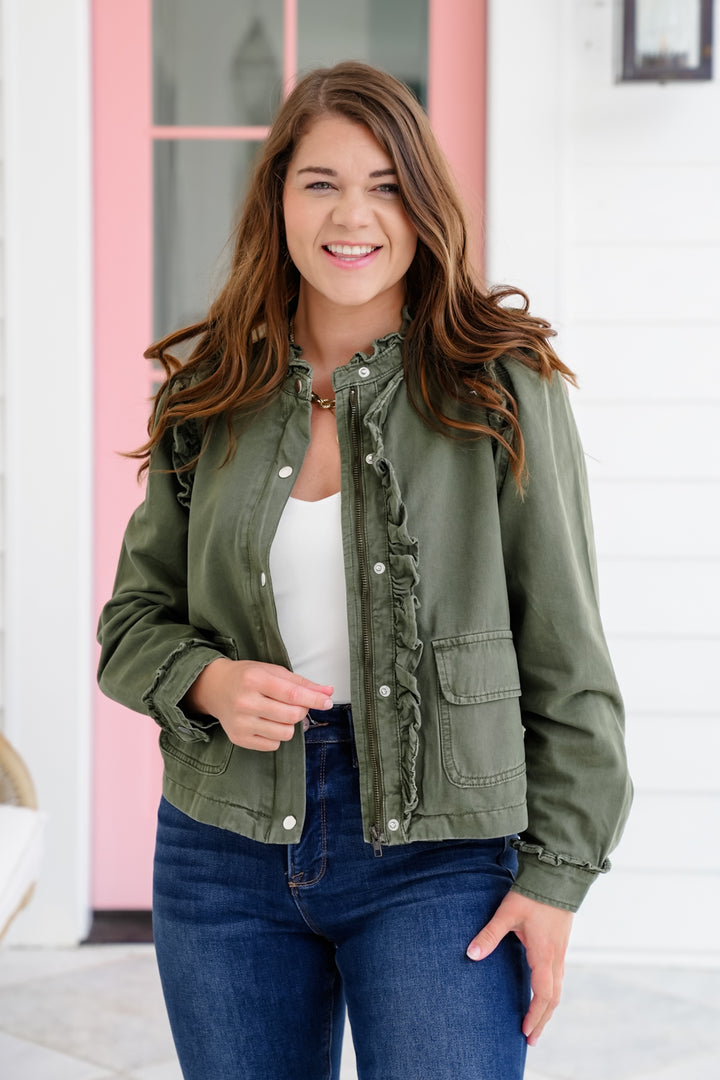Restock! Veveret Olive Long Sleeve Ruffled Jacket