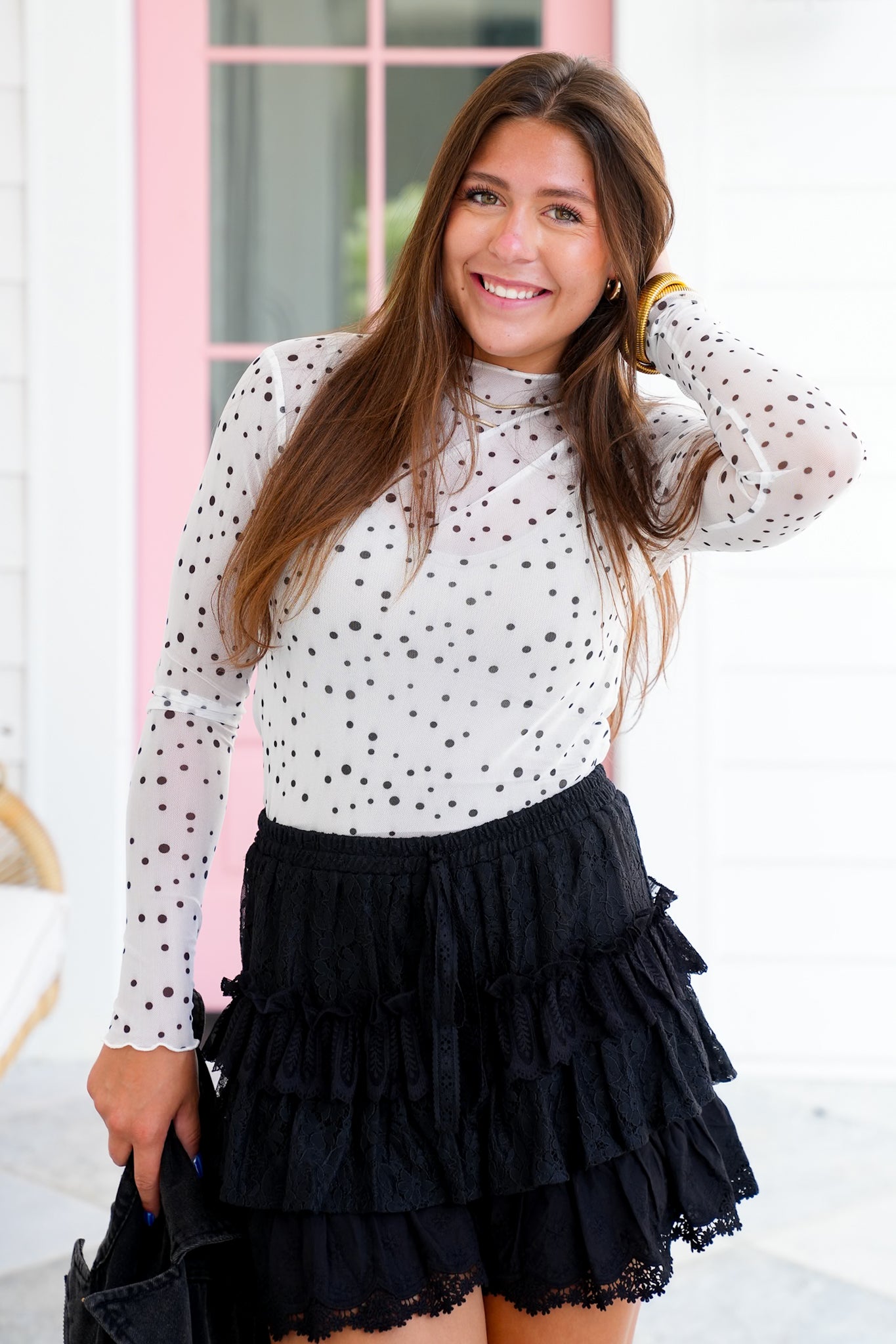 Polka Dot Mesh Long Sleeve Top