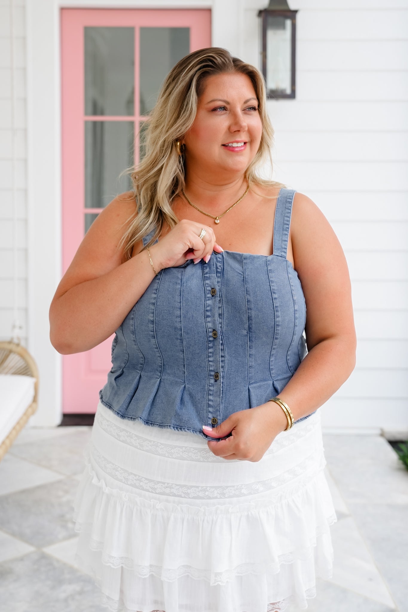 Sleeveless Button Down Crop Top with Pintuck Detail