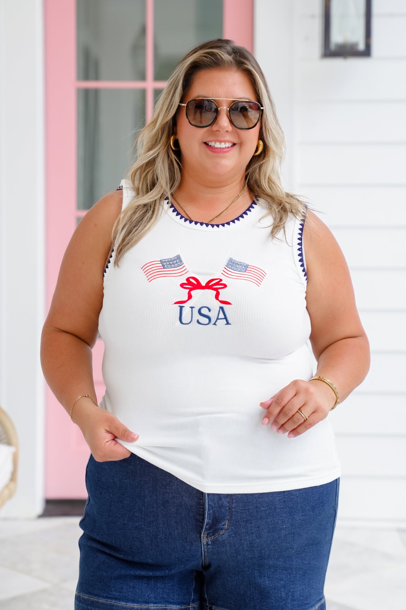 Embroidered American Flag Tank Top with Blanket Stitch Detail