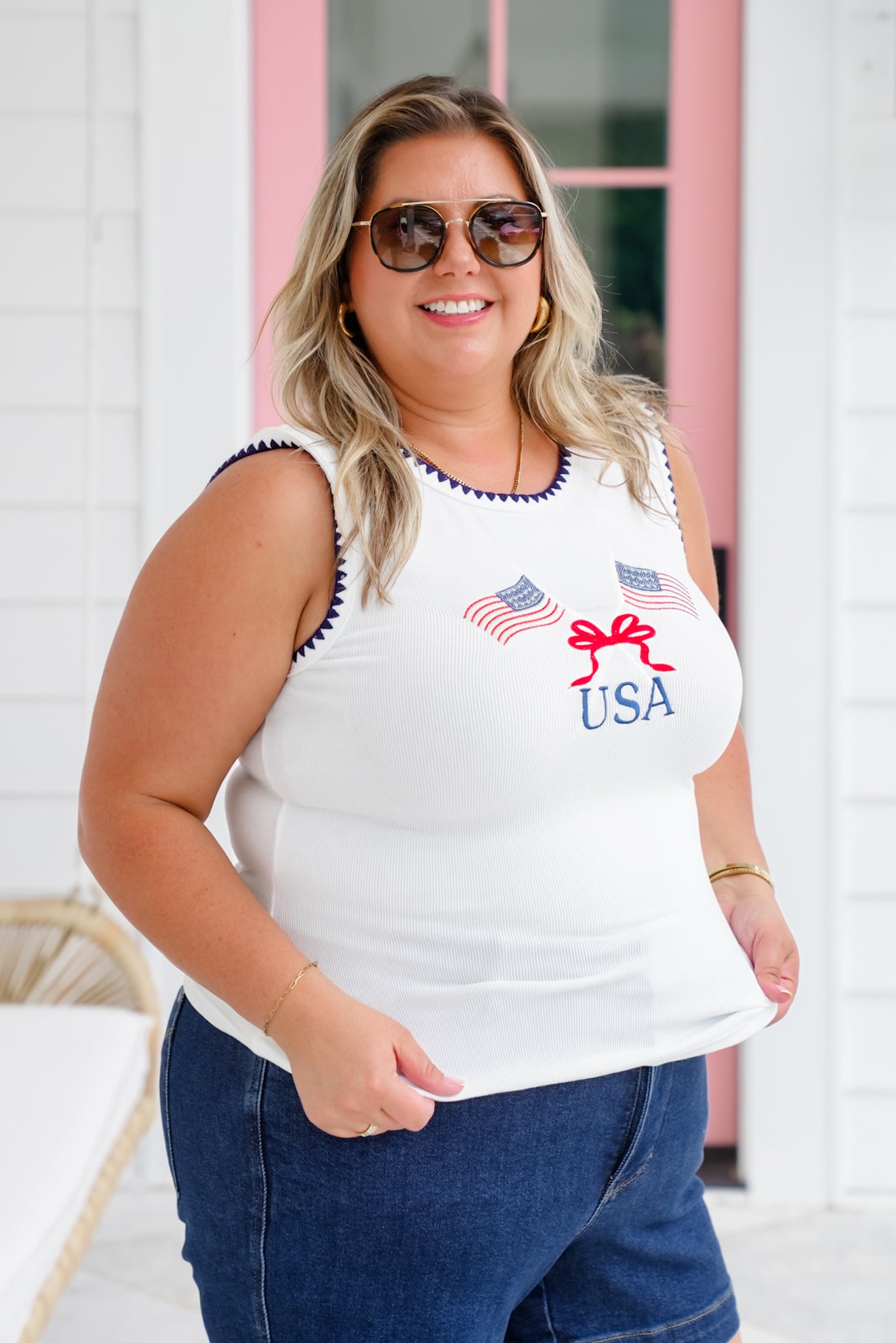 Embroidered American Flag Tank Top with Blanket Stitch Detail