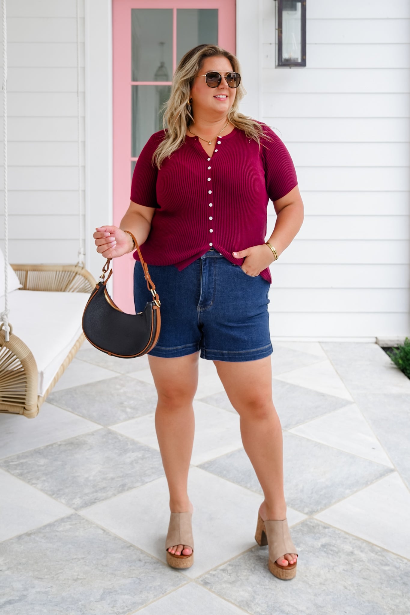 Ribbed Knit Short Sleeve Button Down Top