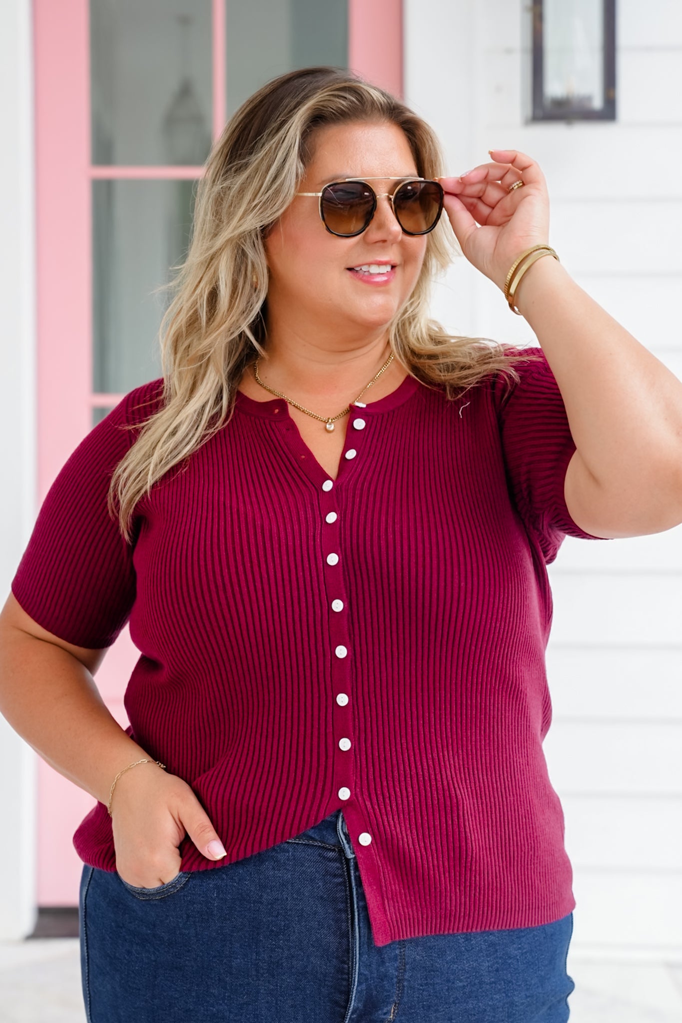 Ribbed Knit Short Sleeve Button Down Top