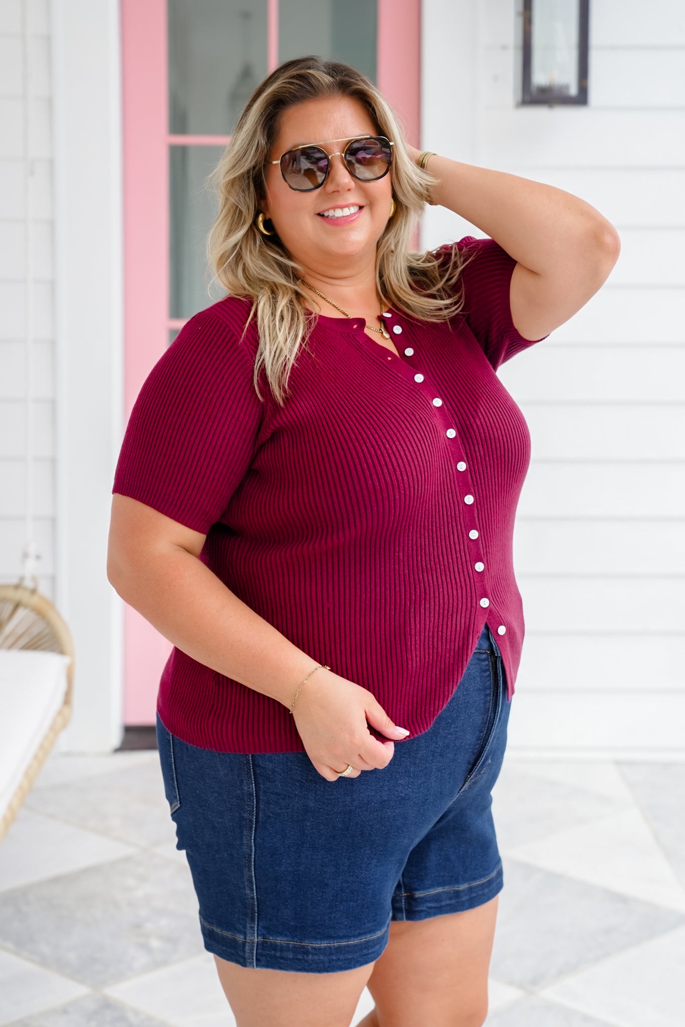 Ribbed Knit Short Sleeve Button Down Top