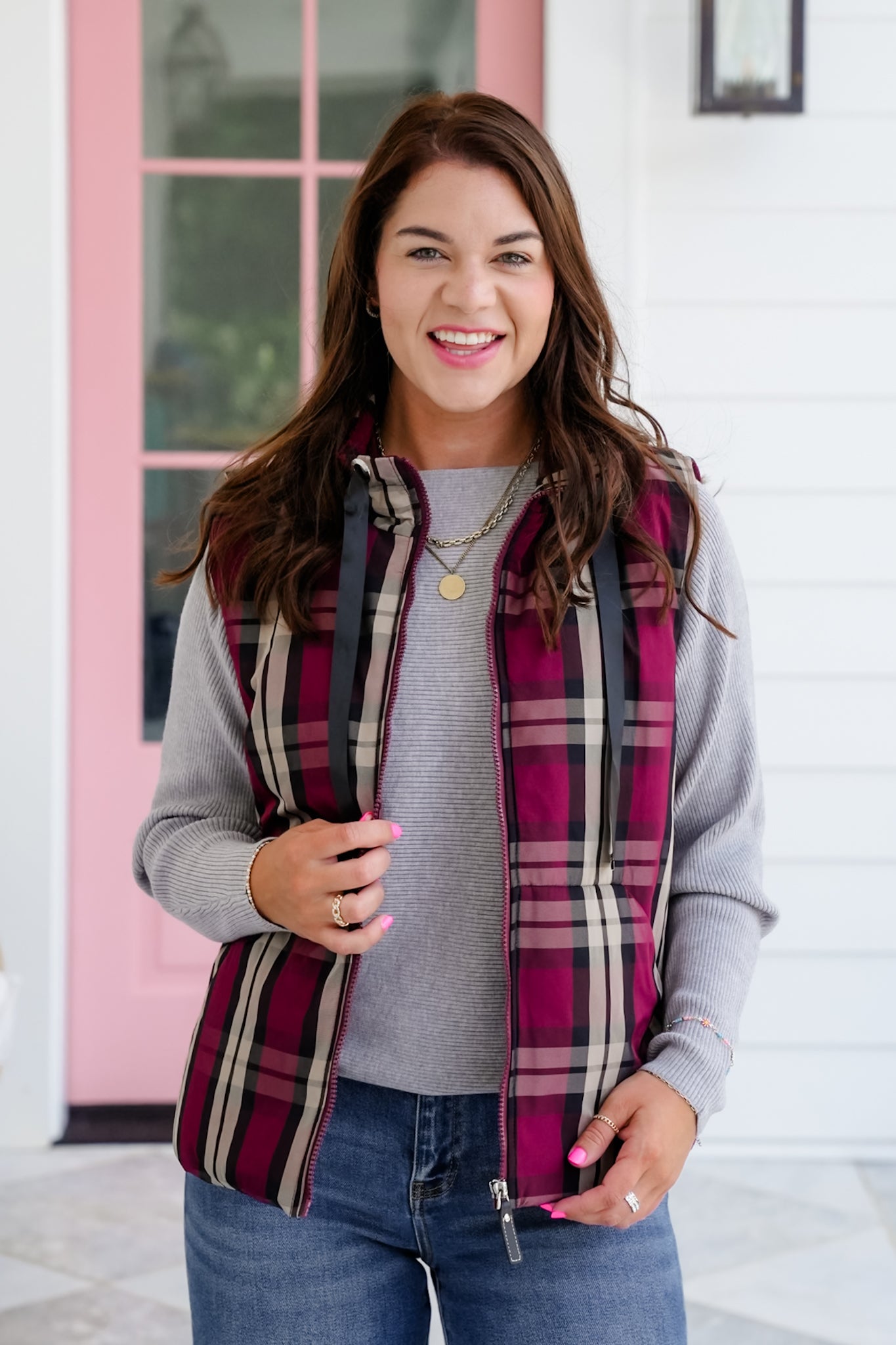 Plaid Sleeveless Zip Up Vest