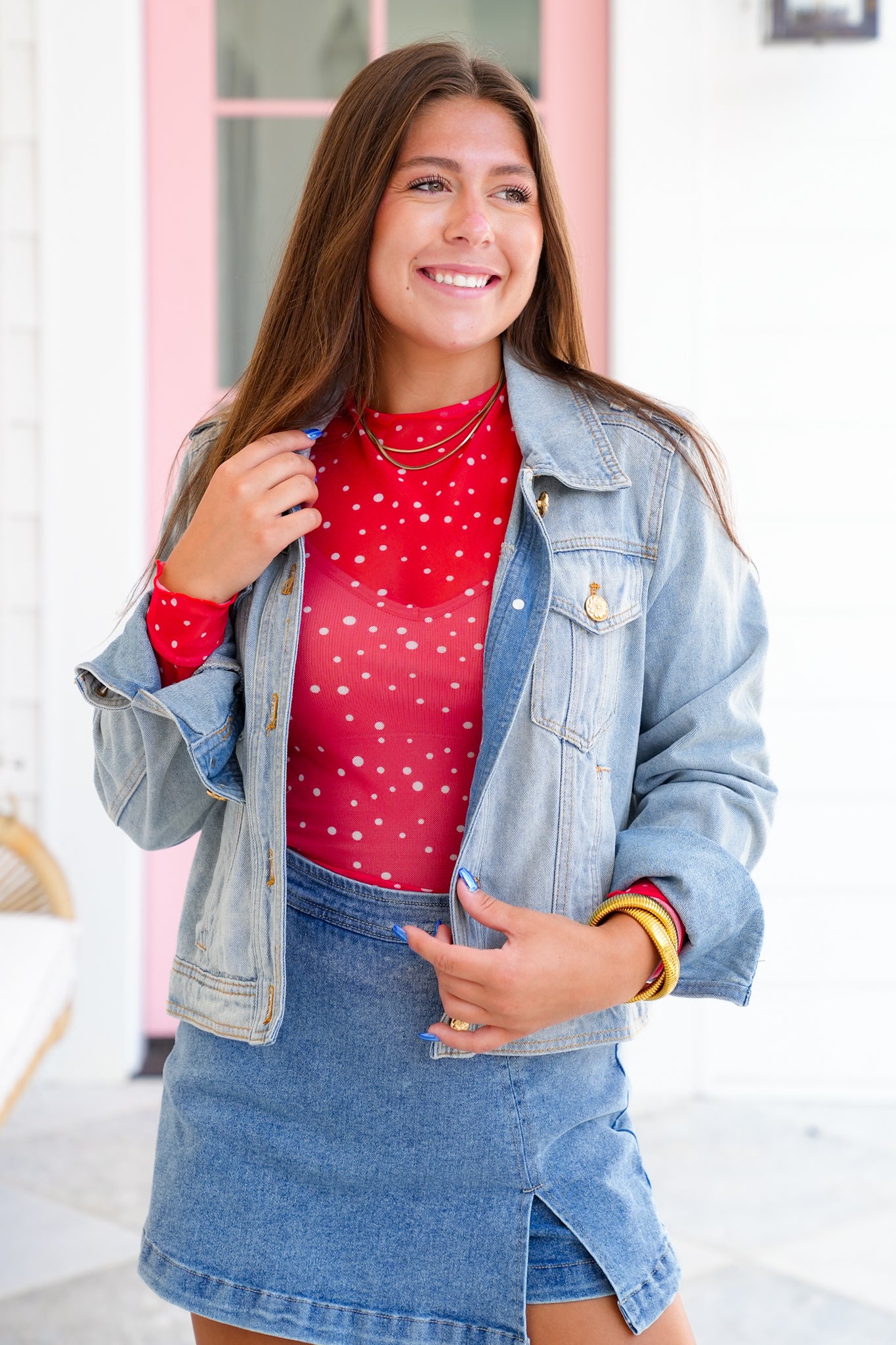 Polka Dot Mesh Long Sleeve Top