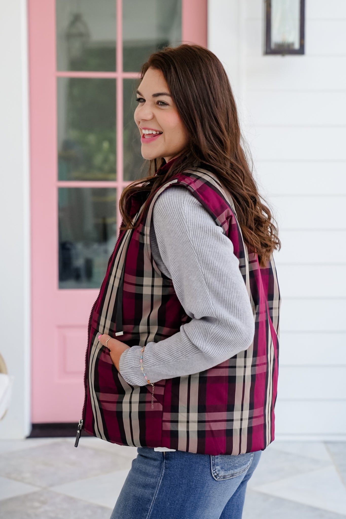 Plaid Sleeveless Zip Up Vest