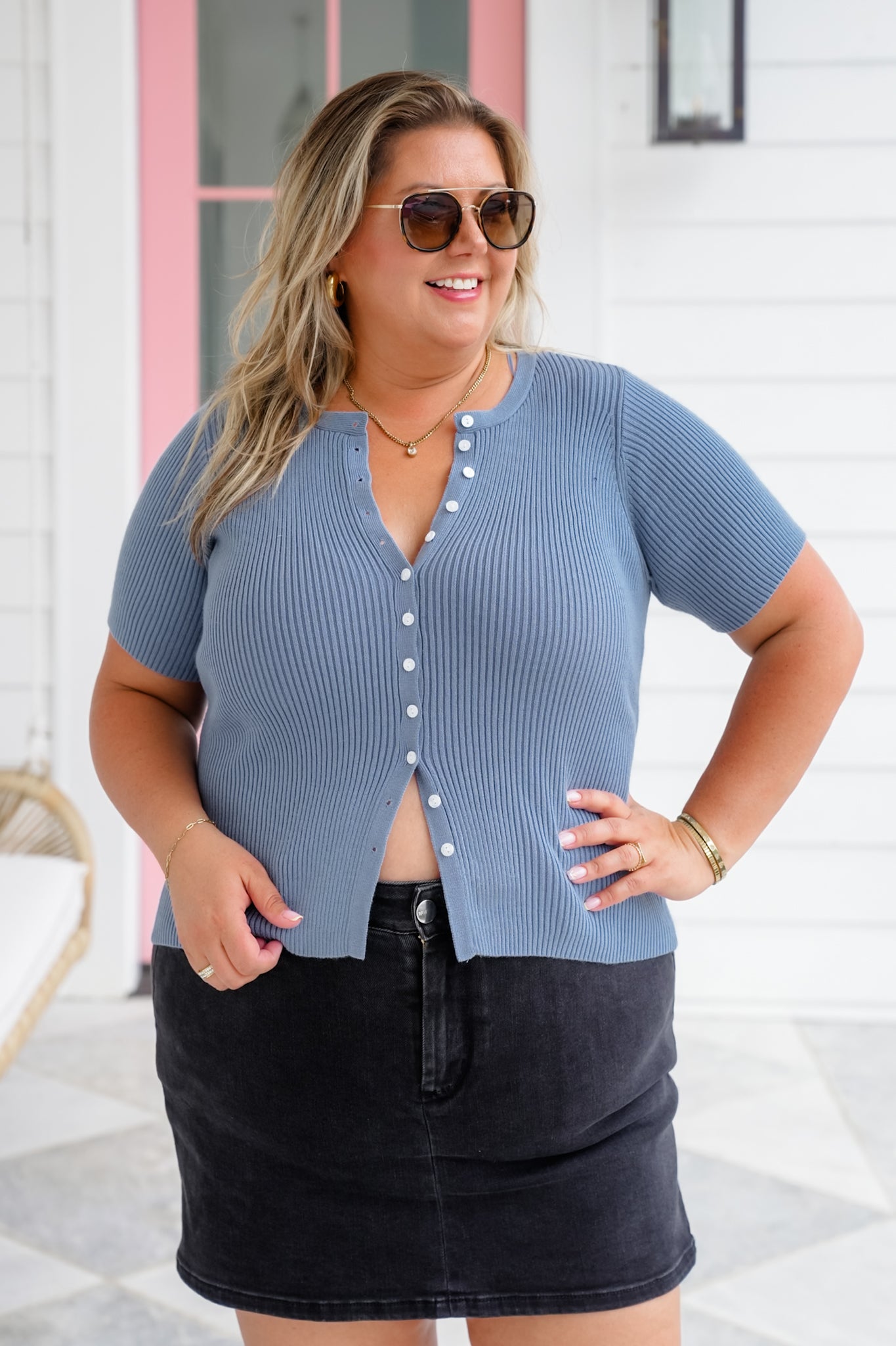 Ribbed Knit Short Sleeve Button Down Top
