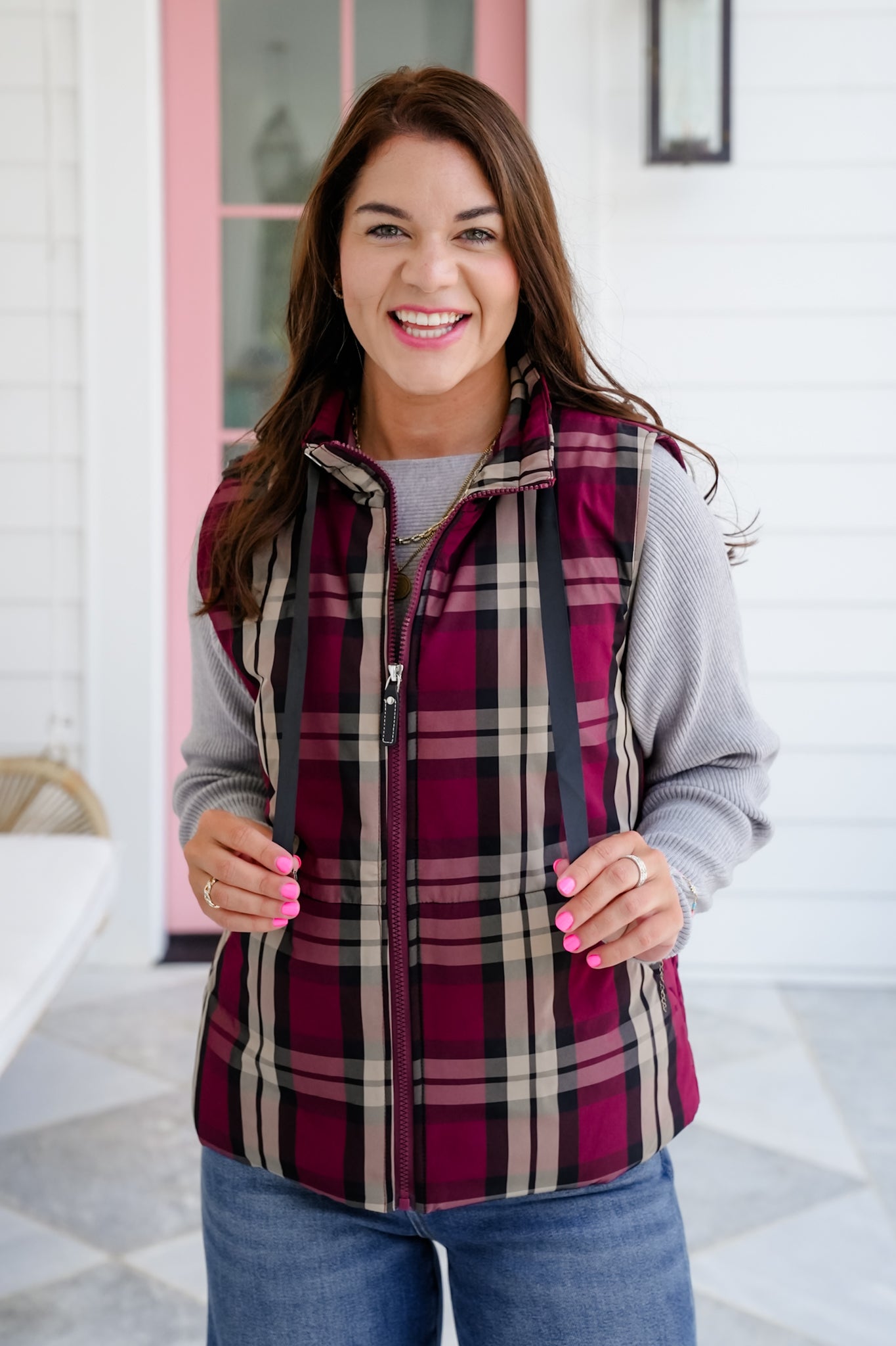 Plaid Sleeveless Zip Up Vest