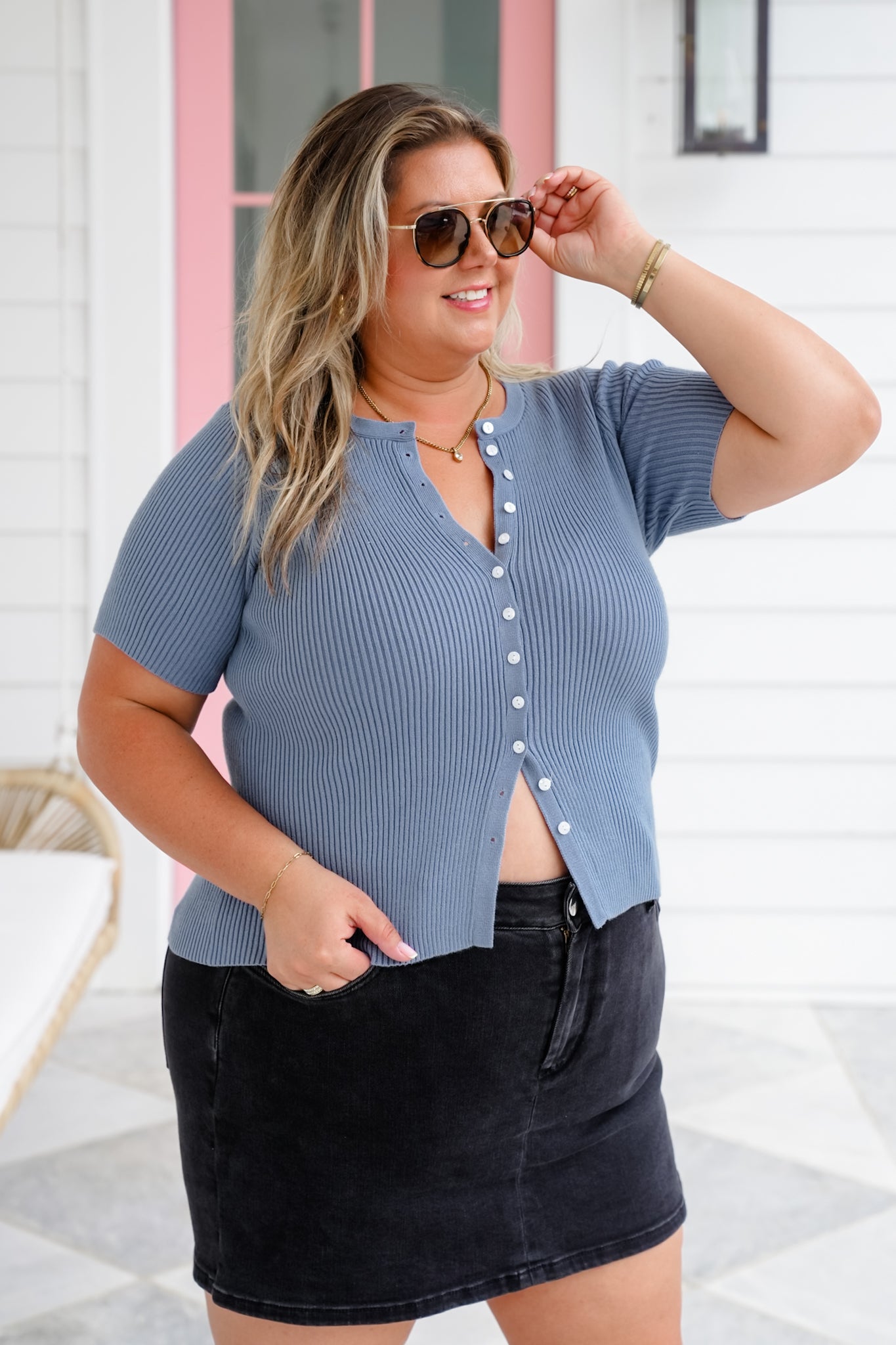 Ribbed Knit Short Sleeve Button Down Top