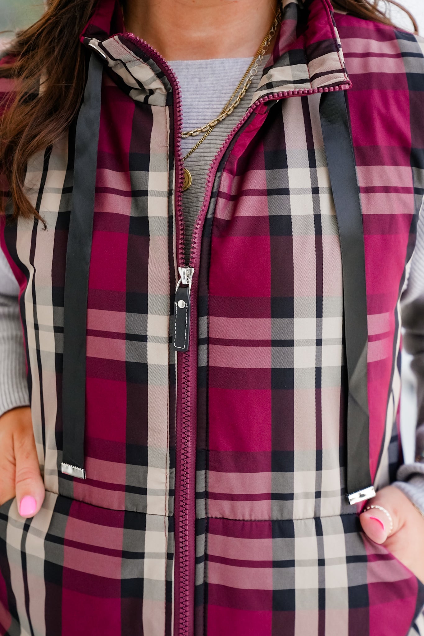 Plaid Sleeveless Zip Up Vest