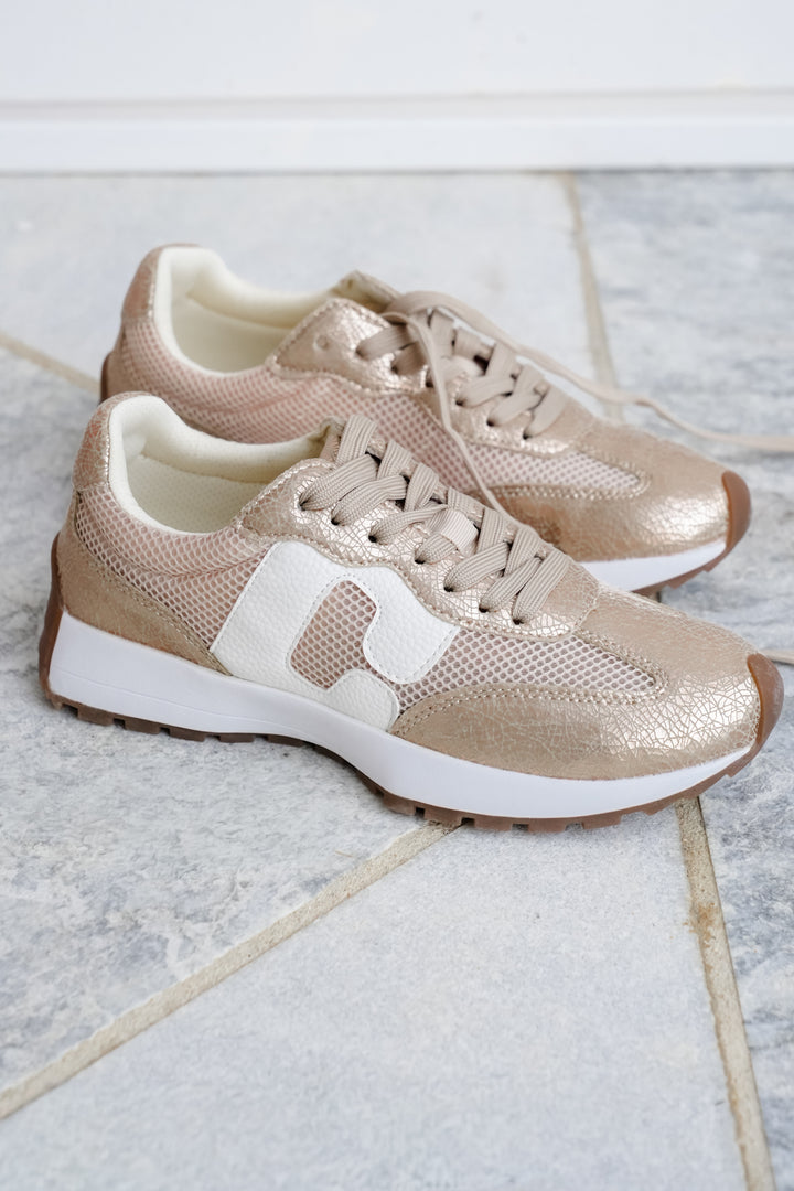 Corky's "No Prob" Cracked Metallic Mesh Vegan Leather Lace Up Sneaker