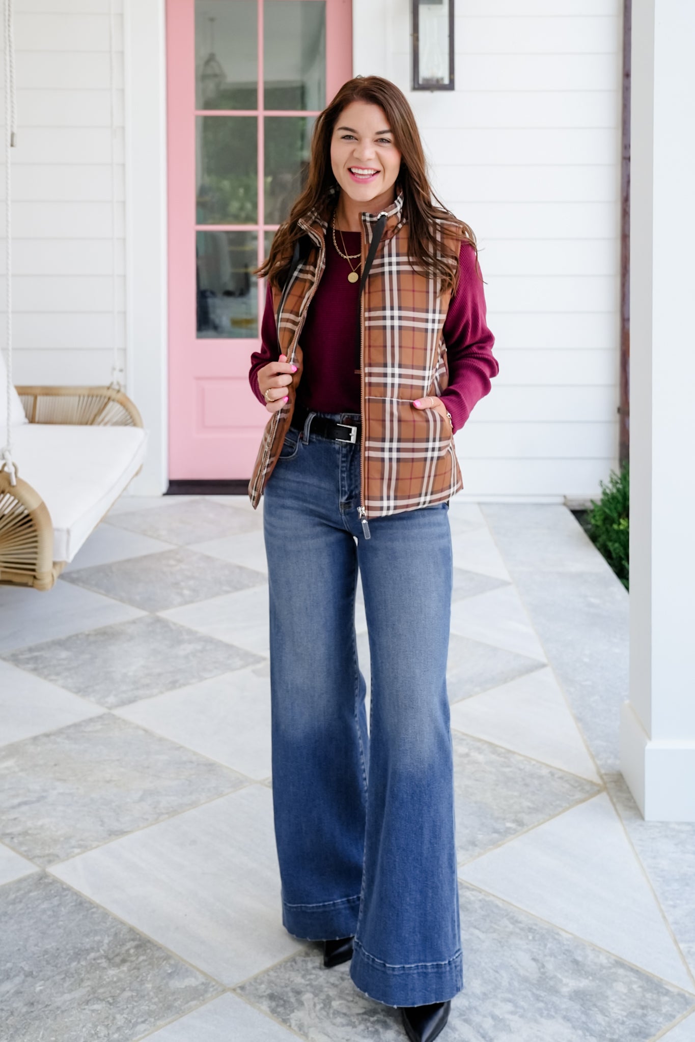Plaid Sleeveless Zip Up Vest