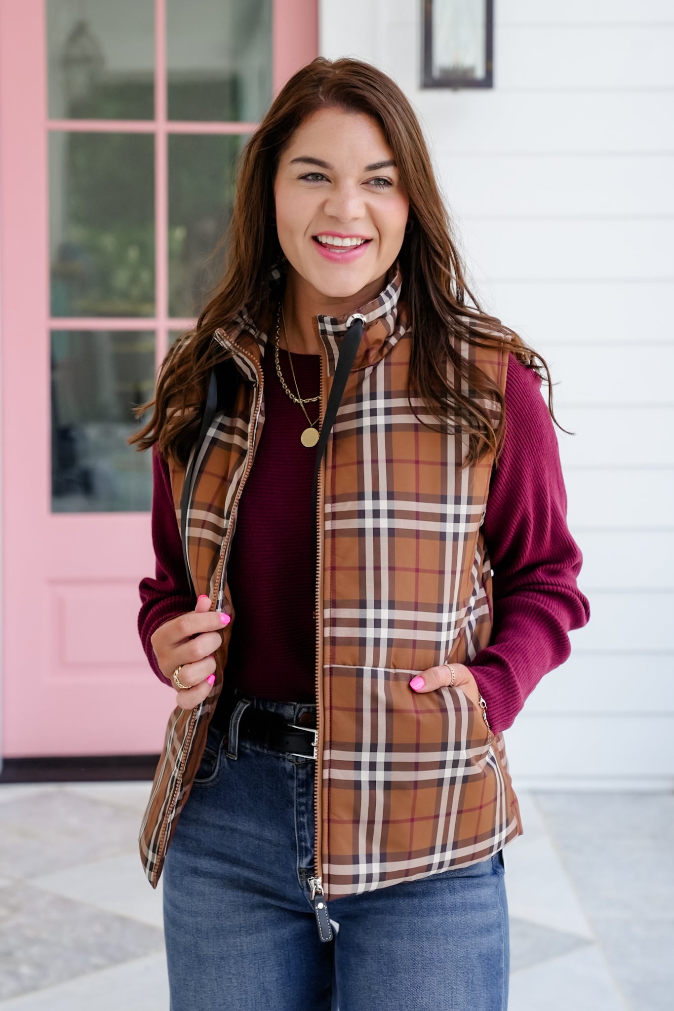 Plaid Sleeveless Zip Up Vest