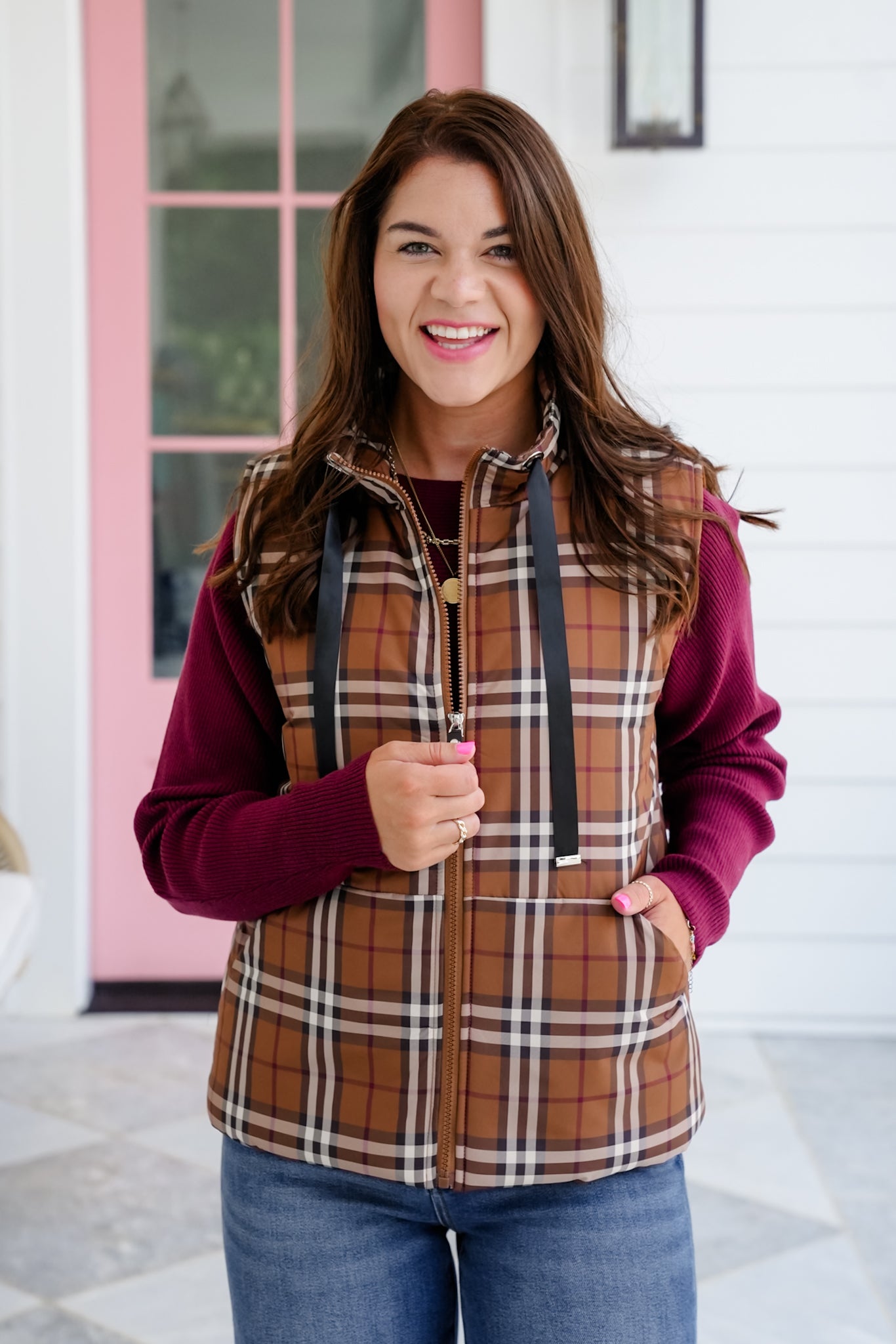 Plaid Sleeveless Zip Up Vest