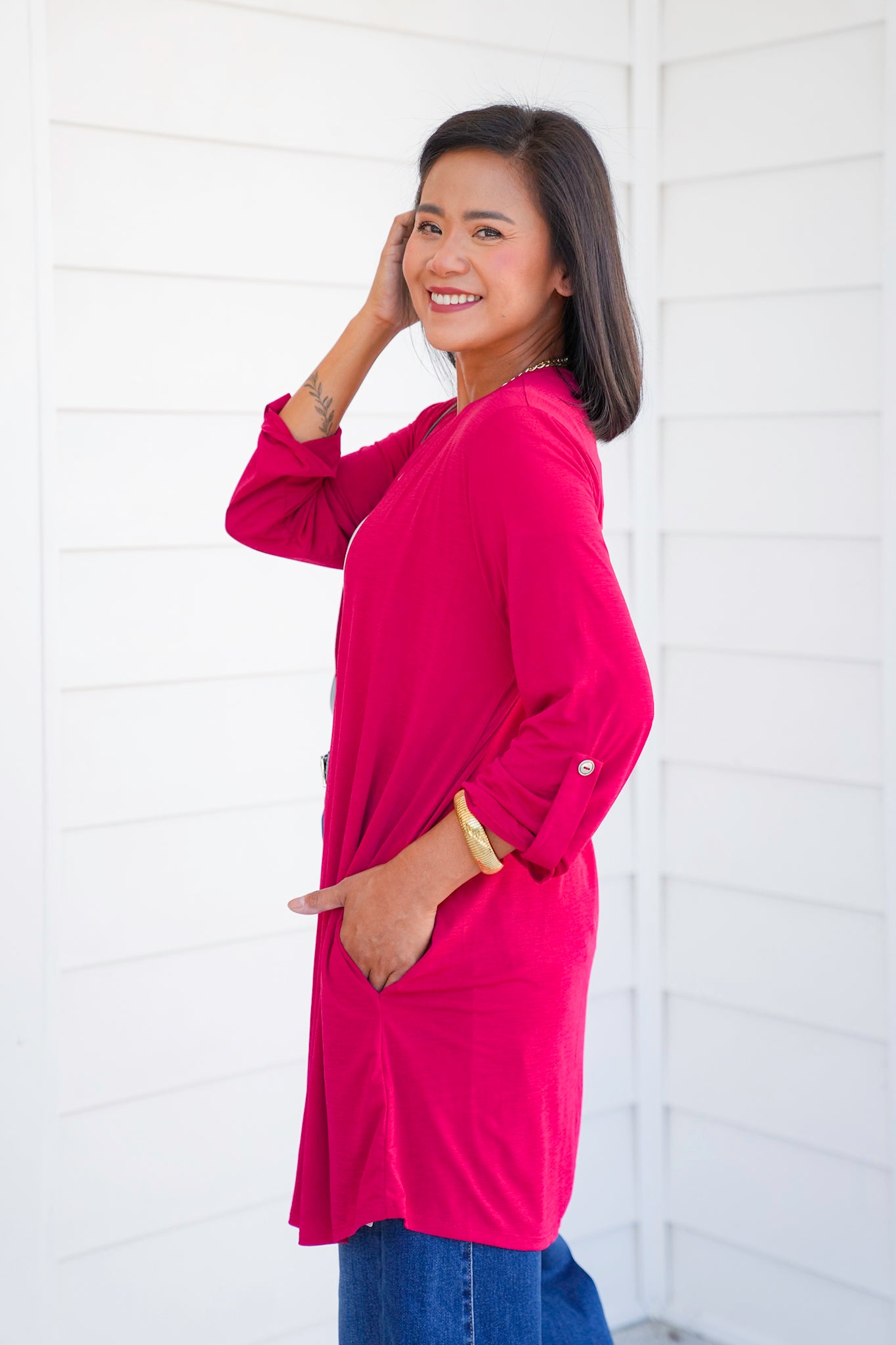 Door Buster! Plus/Reg Solid 3/4 Button Tab Sleeve Open Cardigan