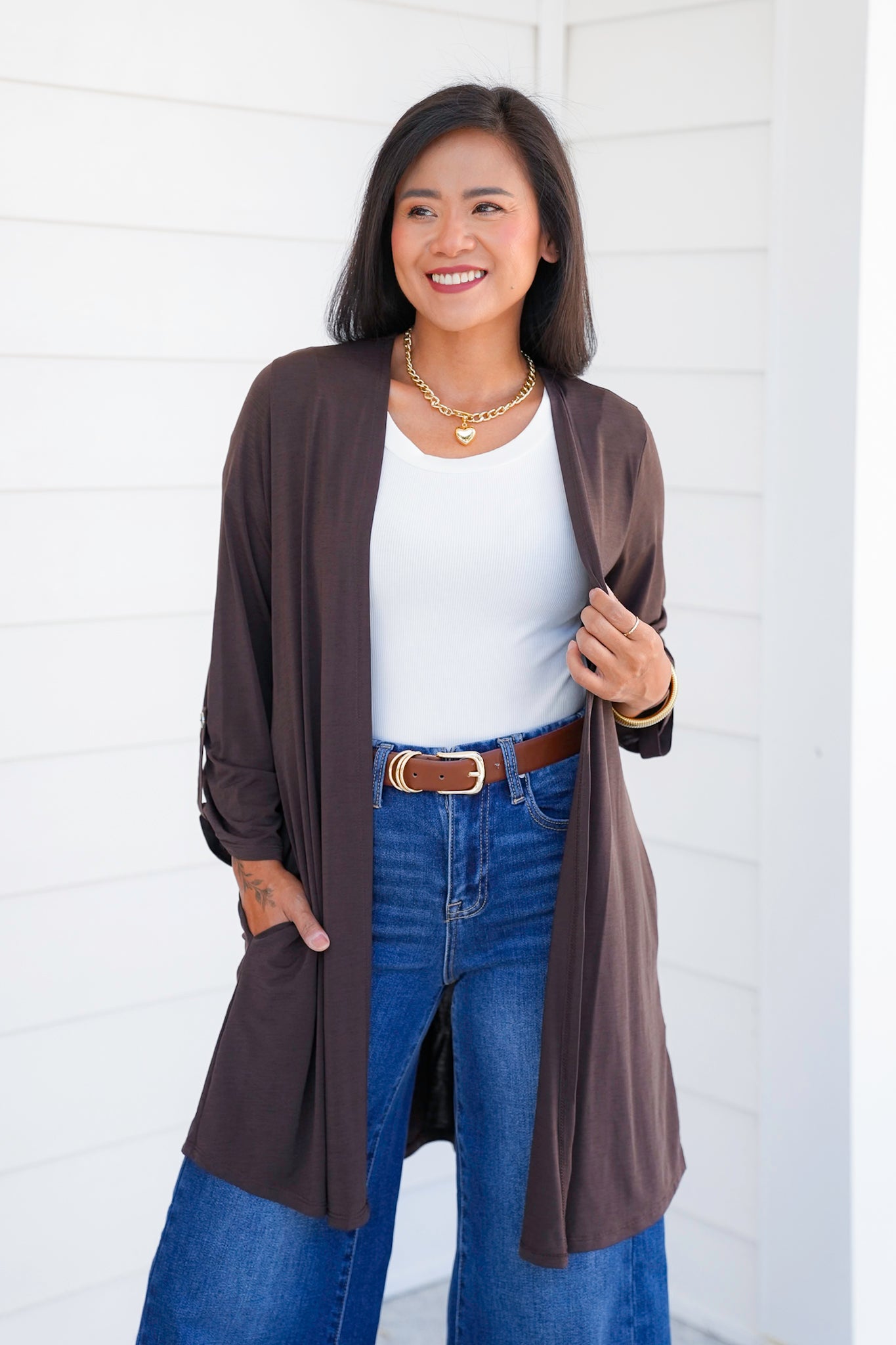 Door Buster! Plus/Reg Solid 3/4 Button Tab Sleeve Open Cardigan