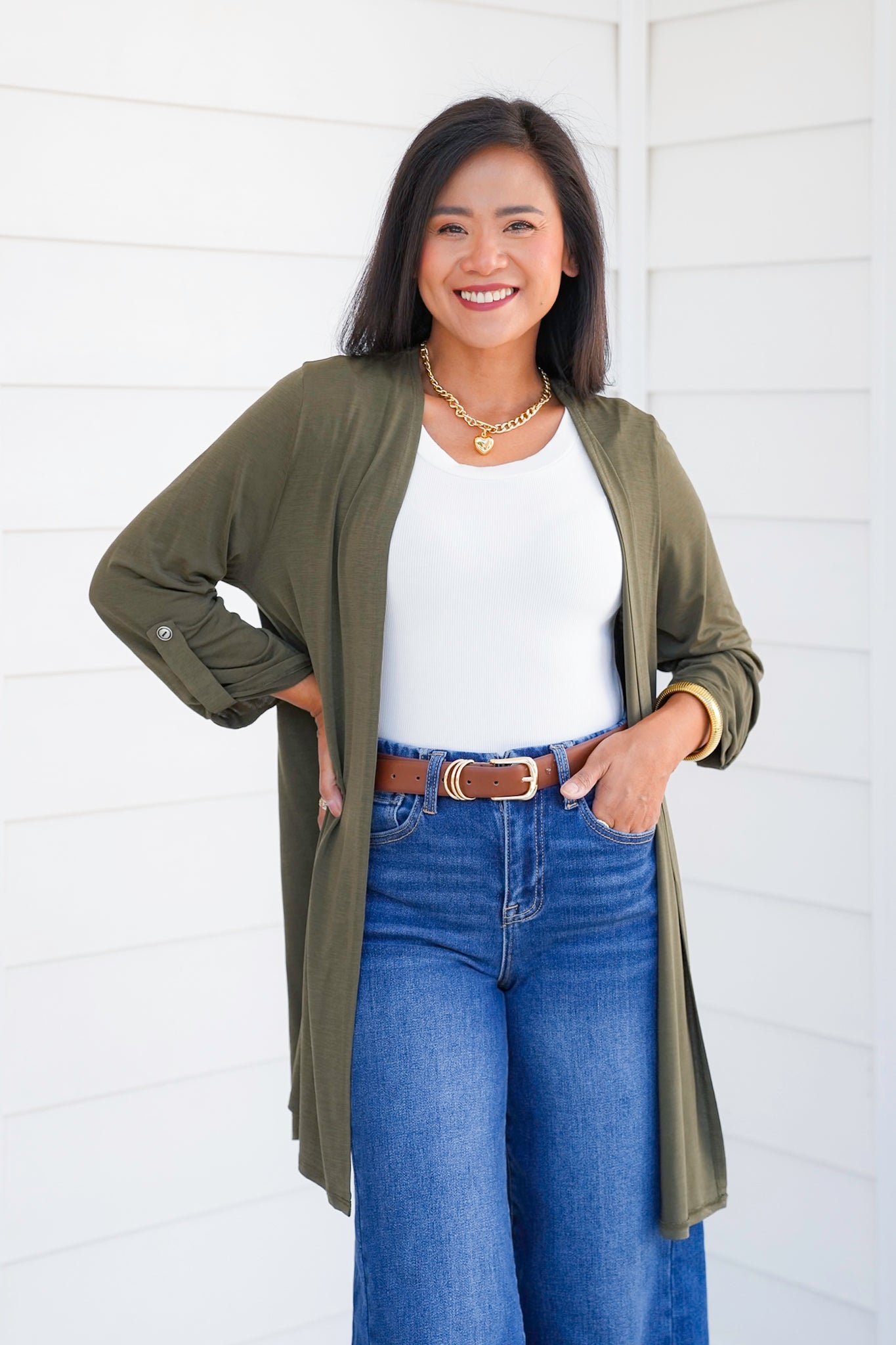 Door Buster! Plus/Reg Solid 3/4 Button Tab Sleeve Open Cardigan