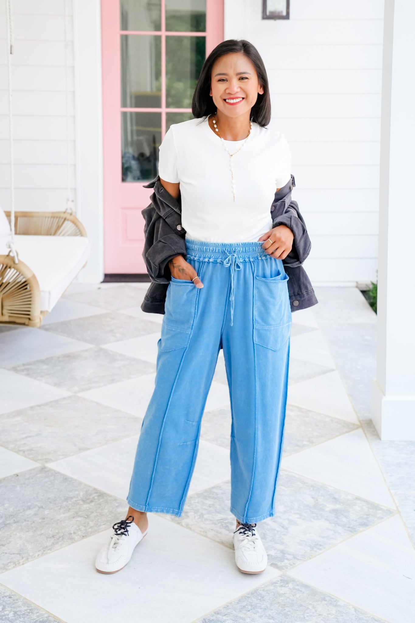 Mineral Wash Elastic Waistband Pants with Pockets