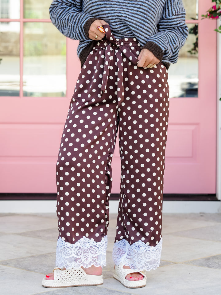 Plus/Reg Satin Polka Dot Elastic Waist Pants with Lace Hem - Freckled Poppy