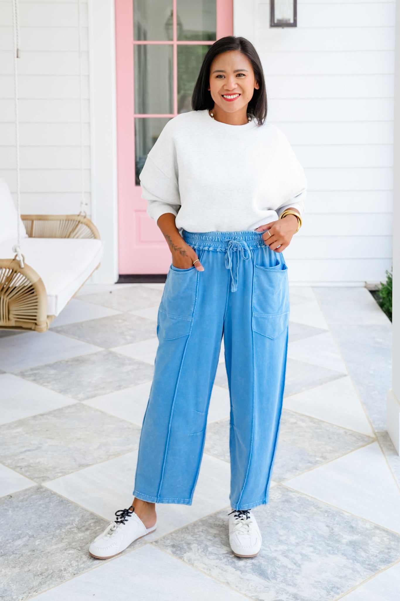 Mineral Wash Elastic Waistband Pants with Pockets