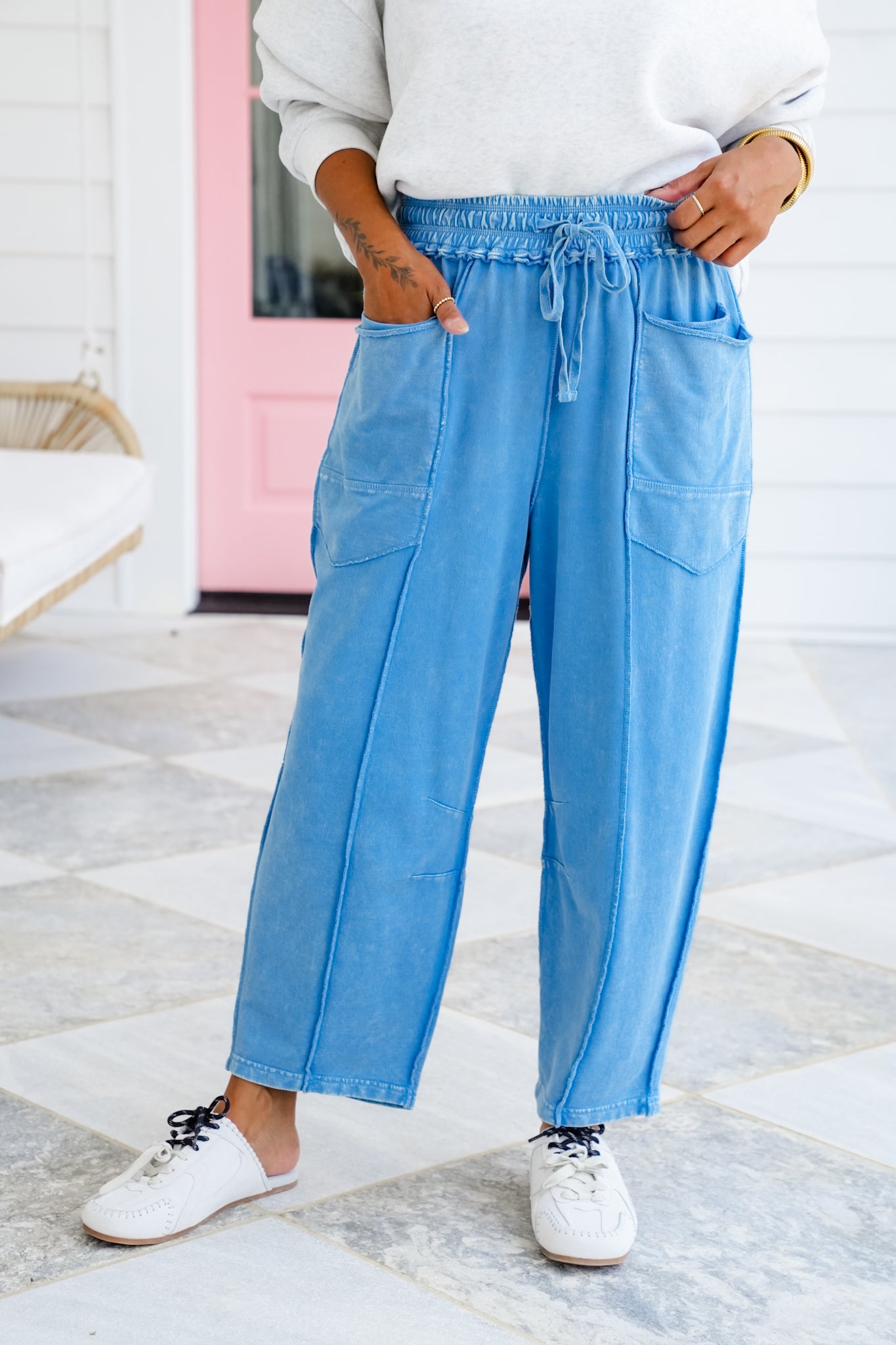 Mineral Wash Elastic Waistband Pants with Pockets