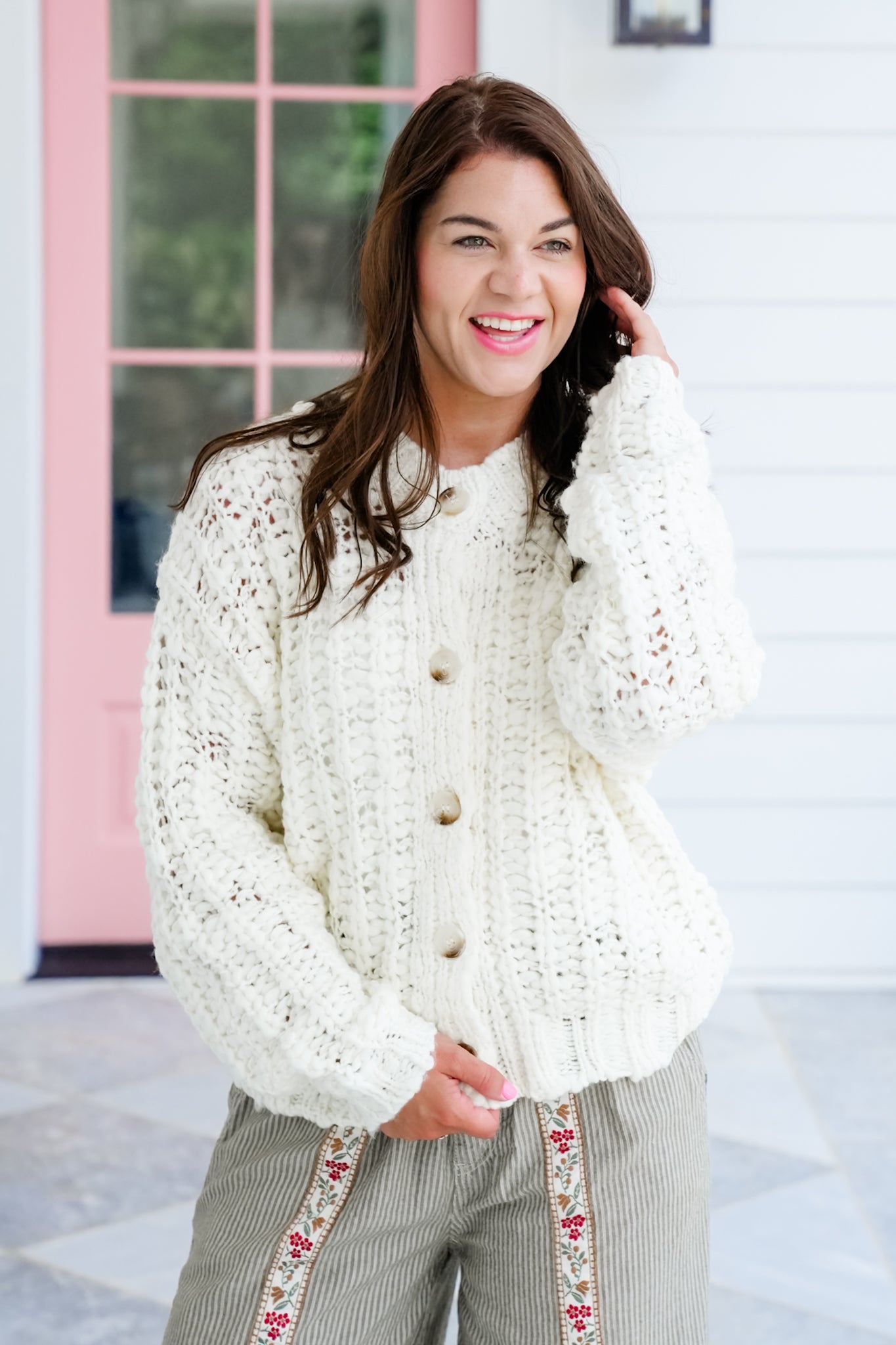 Cream Long Sleeve Button Down Cardigan Sweater