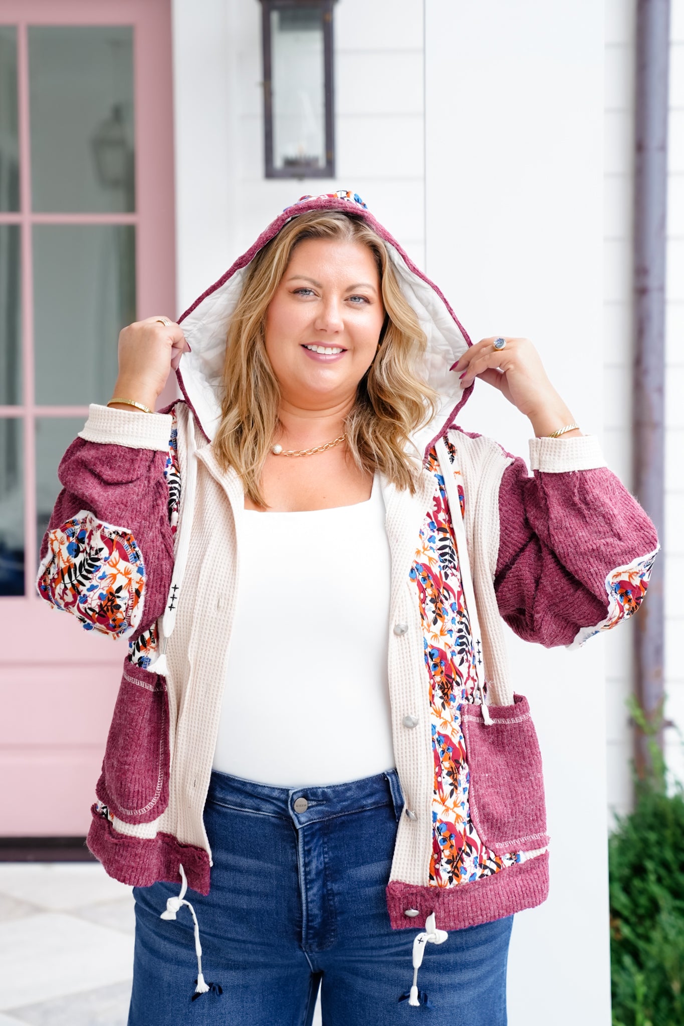 POL Floral Print Long Sleeve Button Up Hoodie Jacket