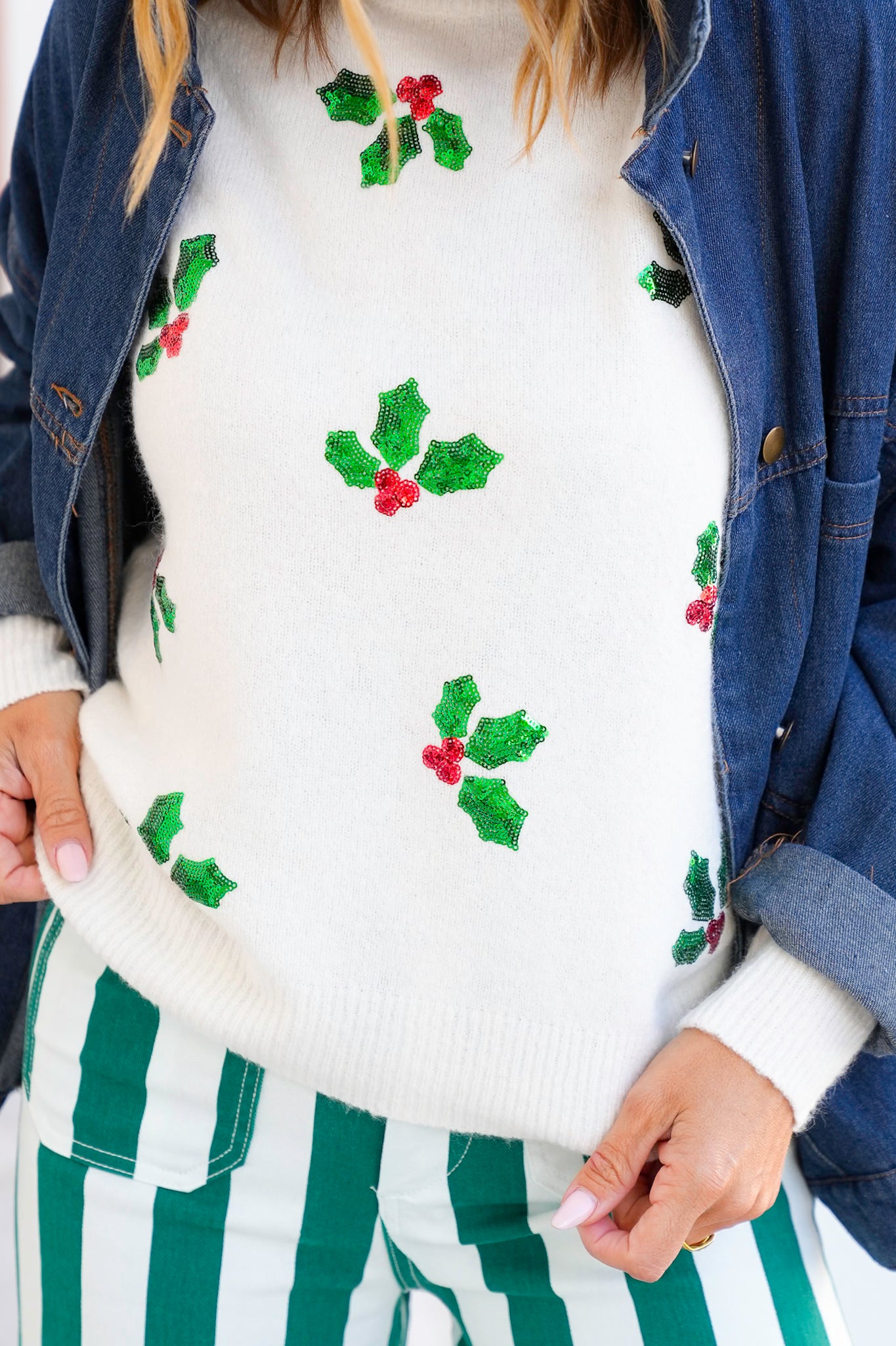 Sequin Mistletoe Long Sleeve Pullover Sweater