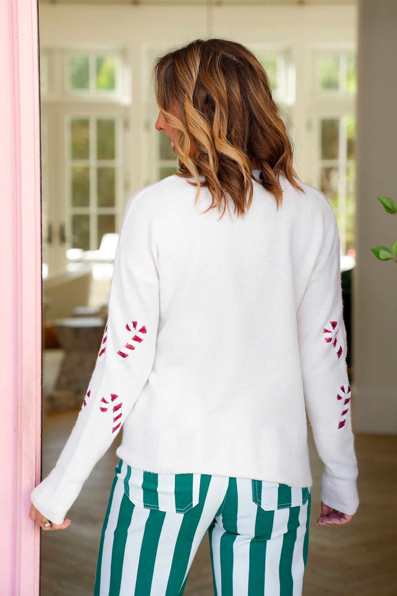 Sequin Candy Cane Long Sleeve Sweater Top