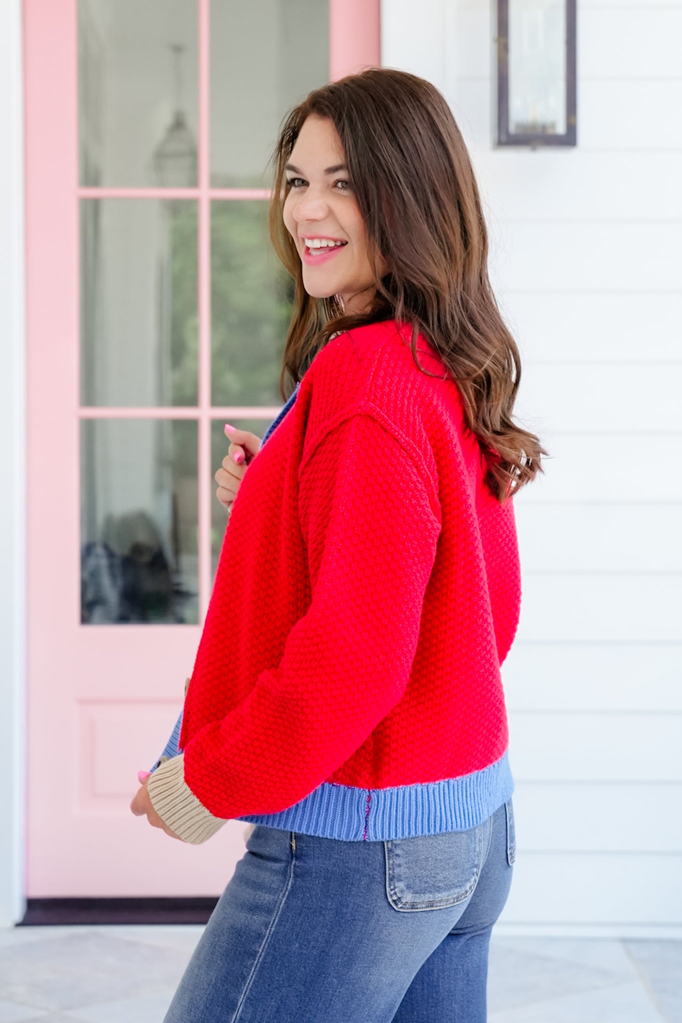 Textured Long Sleeve Button Cardigan with Contrast Trim Detail