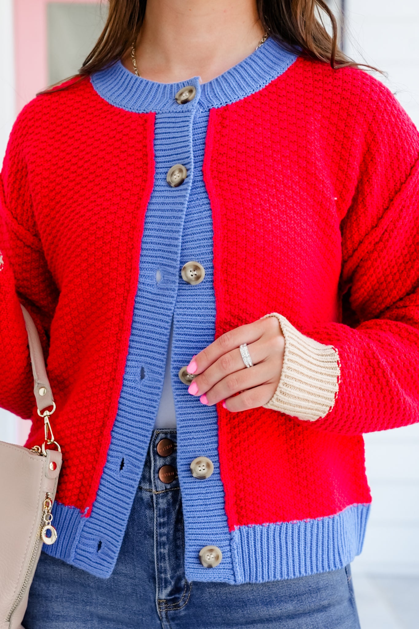 Textured Long Sleeve Button Cardigan with Contrast Trim Detail