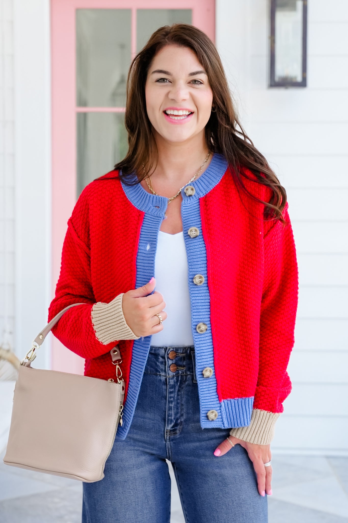 Textured Long Sleeve Button Cardigan with Contrast Trim Detail