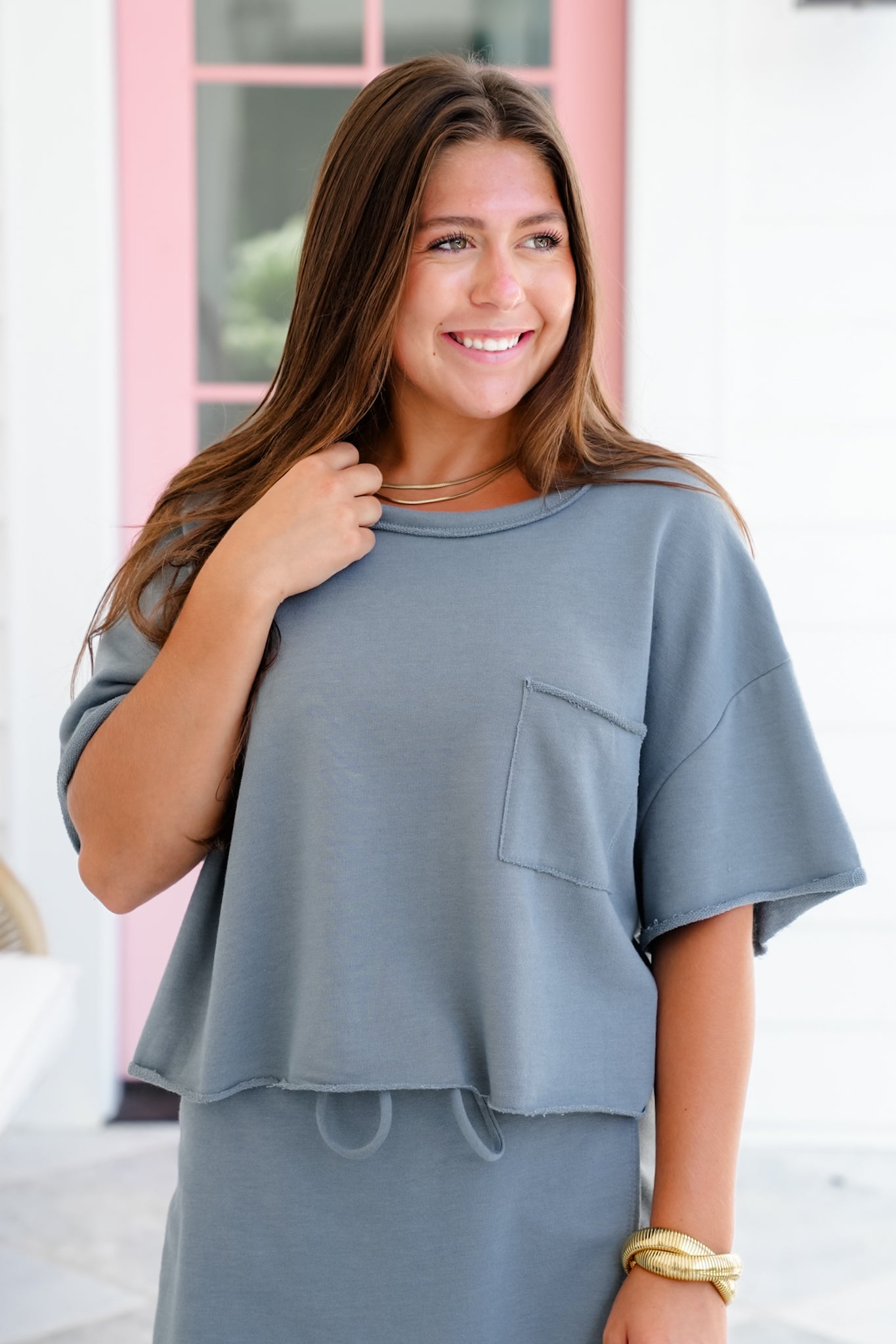 Short Sleeve Cropped Top with Raw Hem Detail