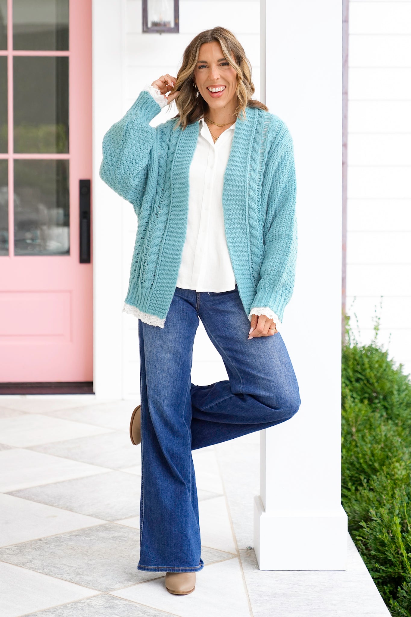POL Knit Long Sleeve Open Cardigan with Lace Trim