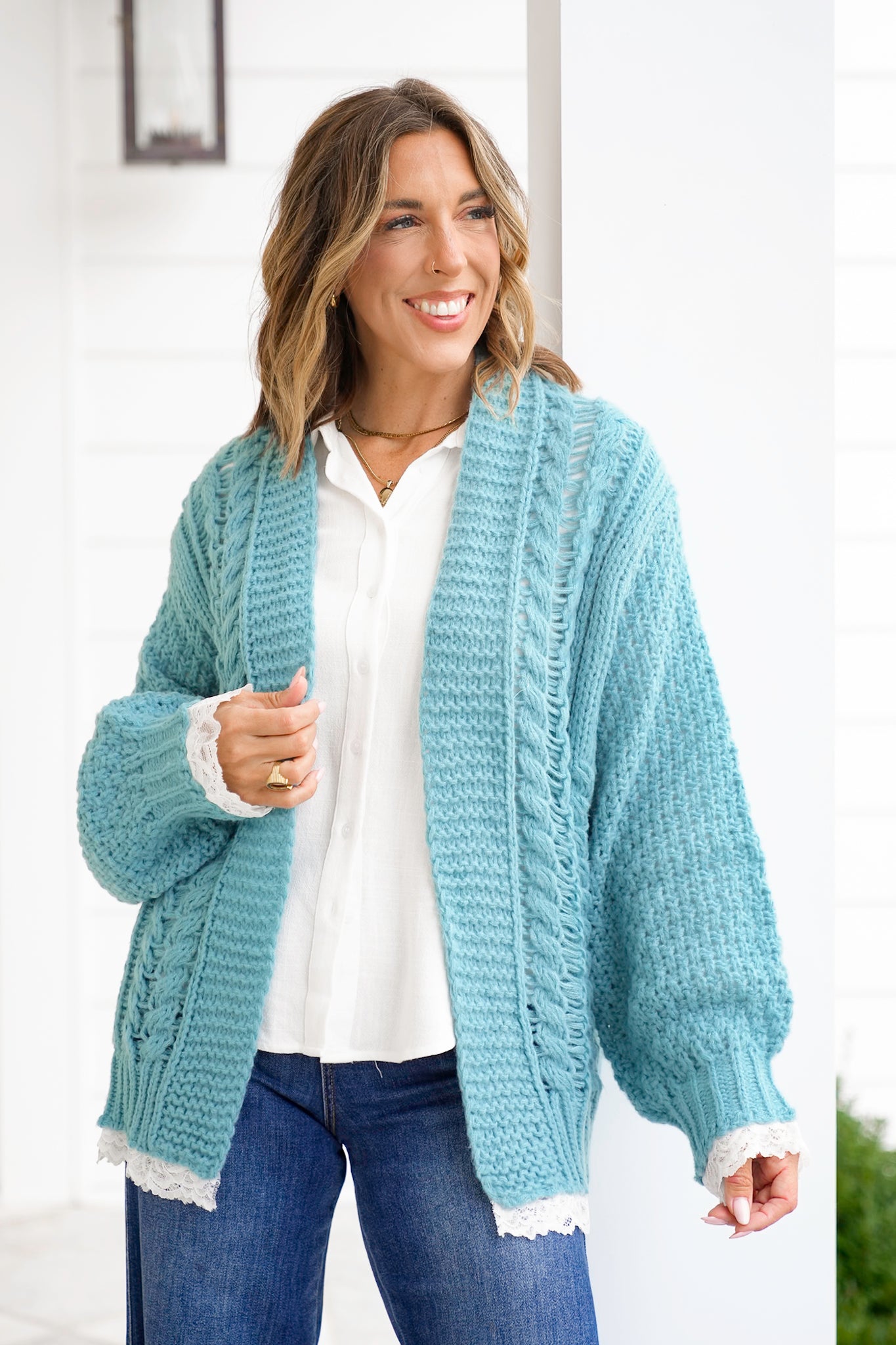 POL Knit Long Sleeve Open Cardigan with Lace Trim