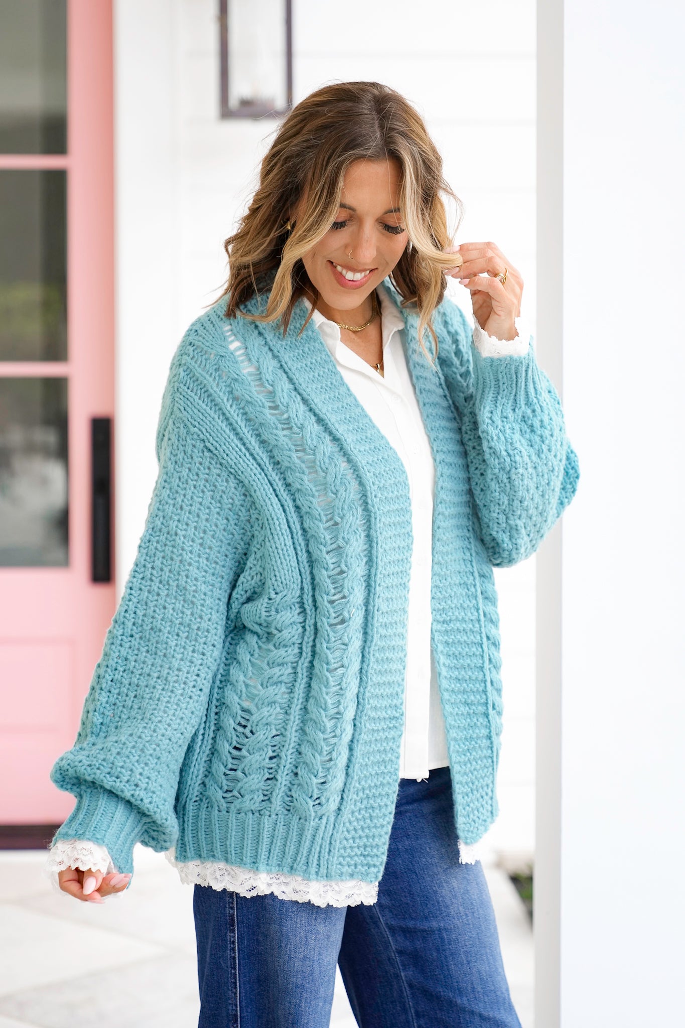 POL Knit Long Sleeve Open Cardigan with Lace Trim