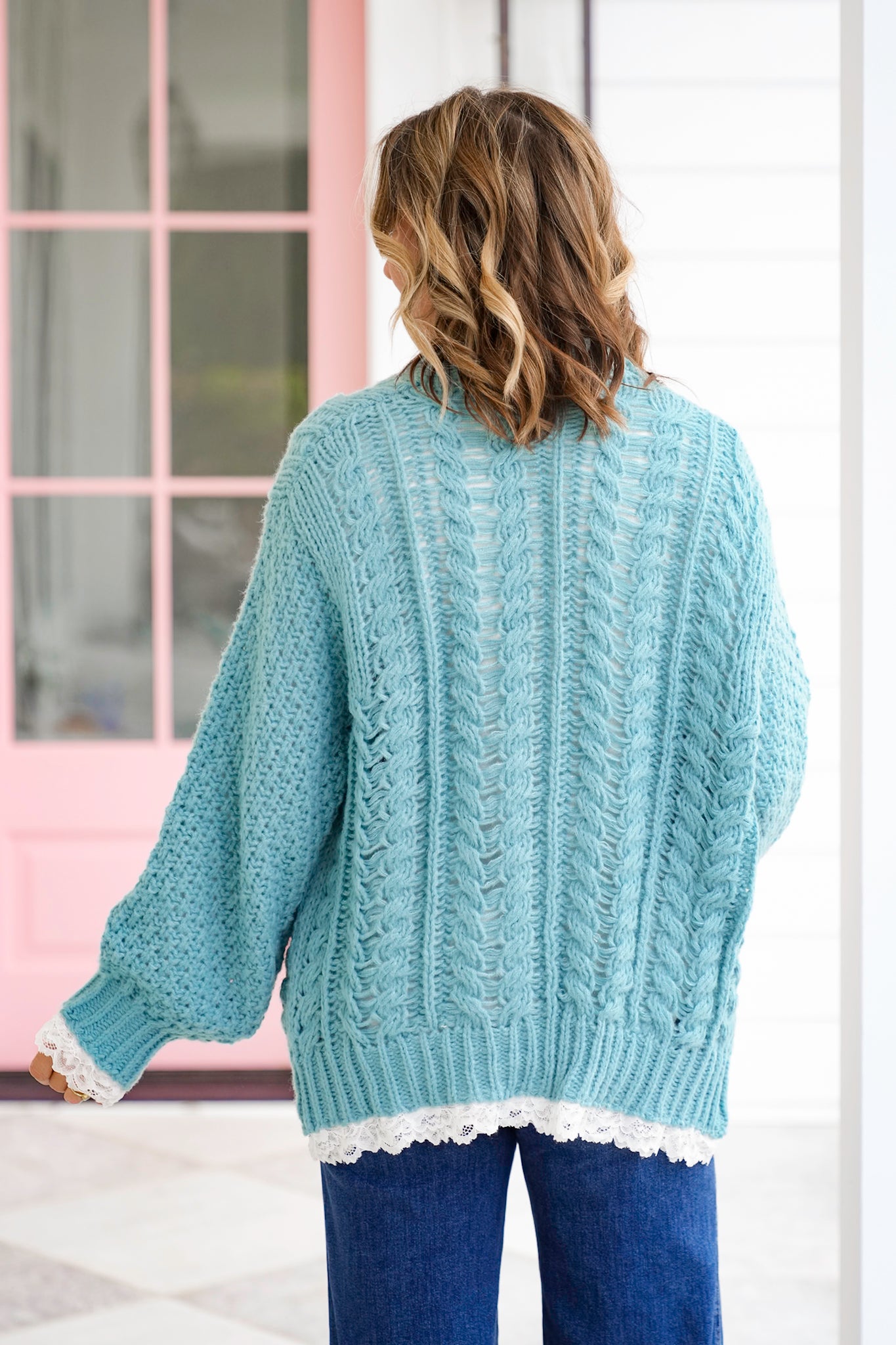 POL Knit Long Sleeve Open Cardigan with Lace Trim
