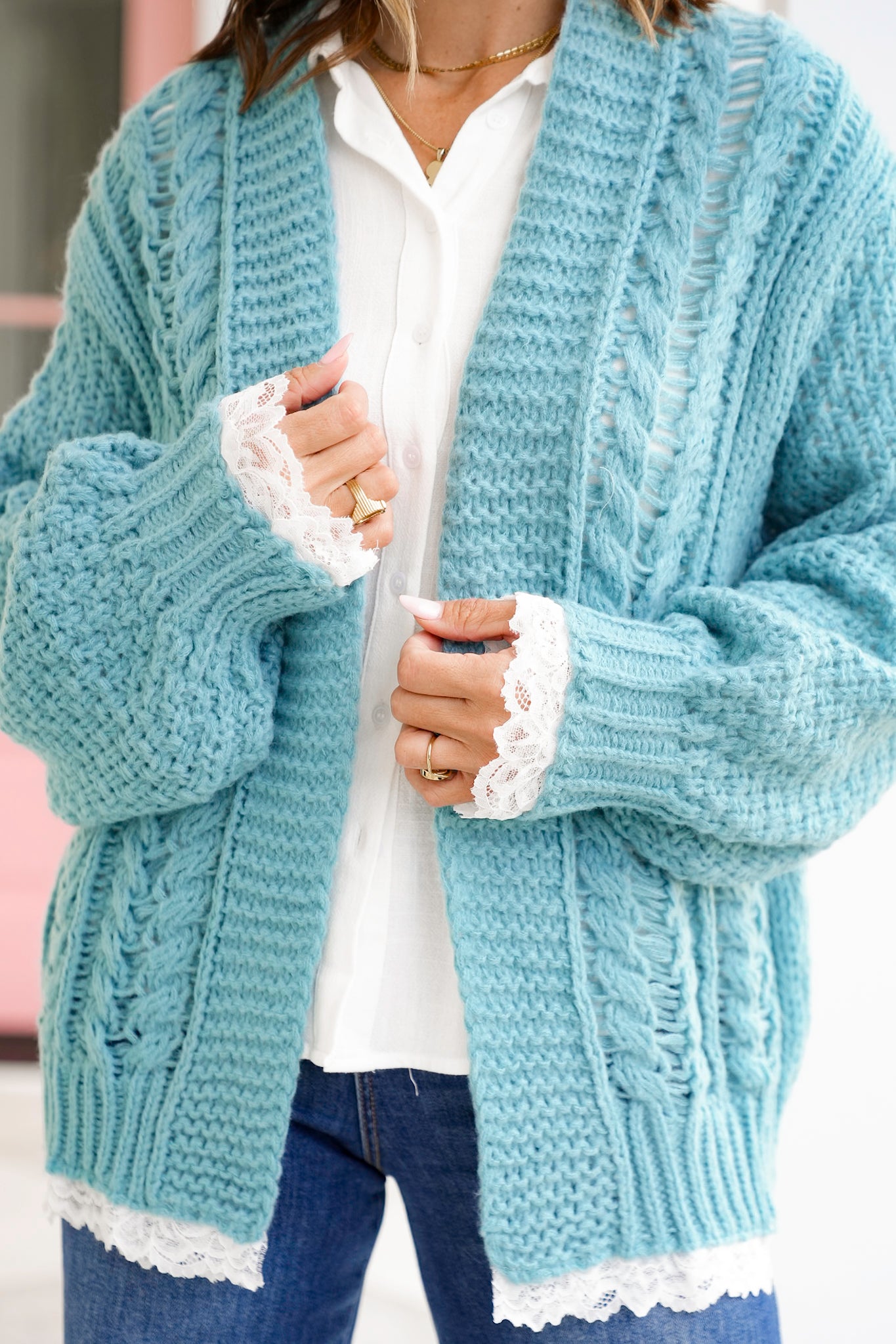 POL Knit Long Sleeve Open Cardigan with Lace Trim