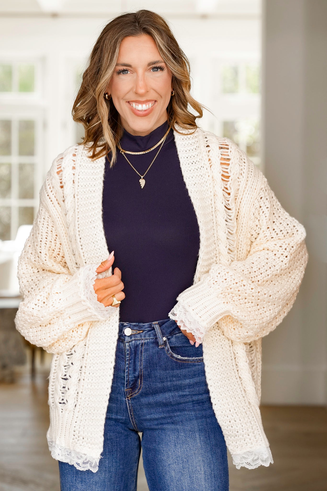 POL Knit Long Sleeve Open Cardigan with Lace Trim