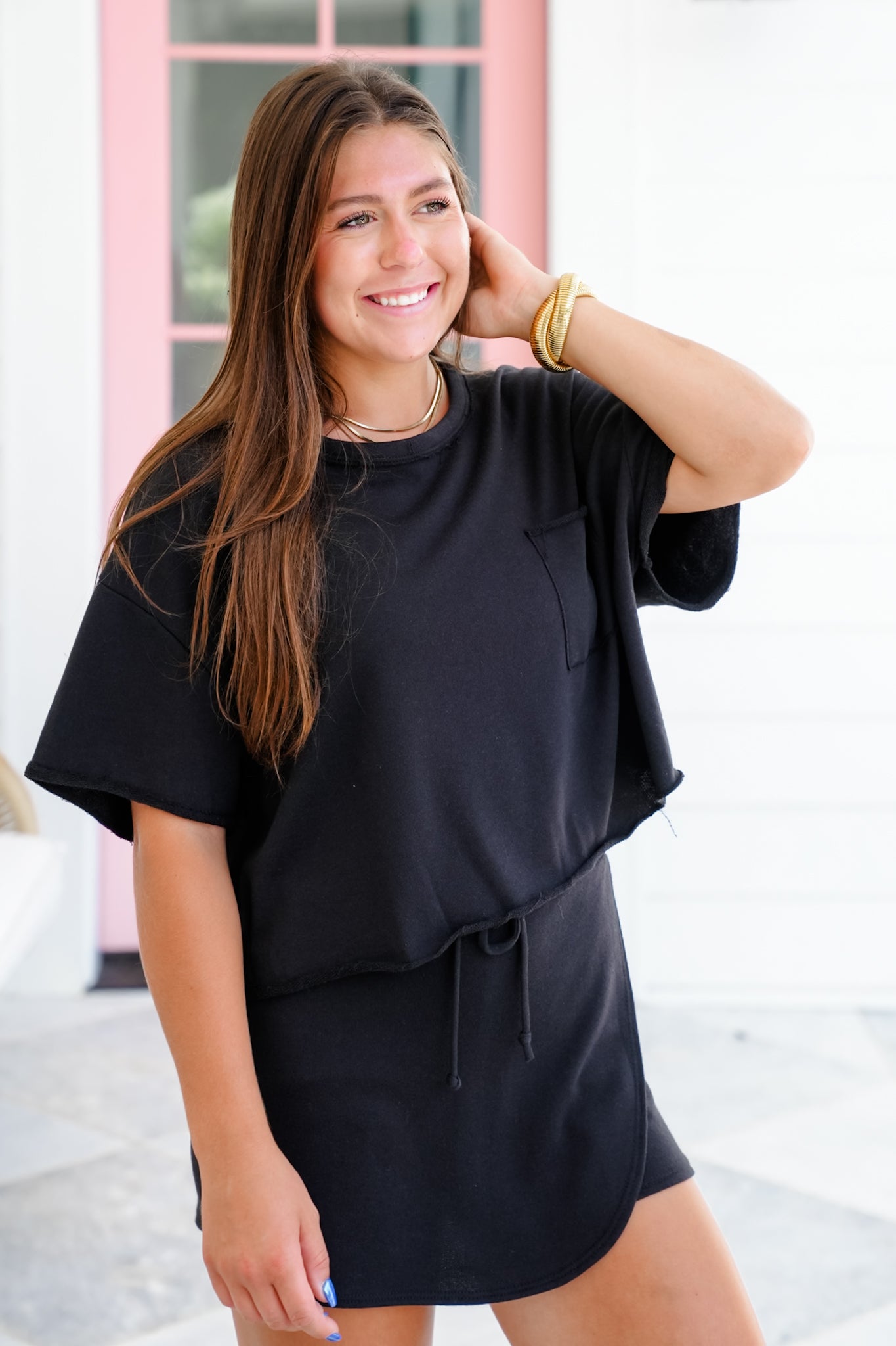 Short Sleeve Cropped Top with Raw Hem Detail