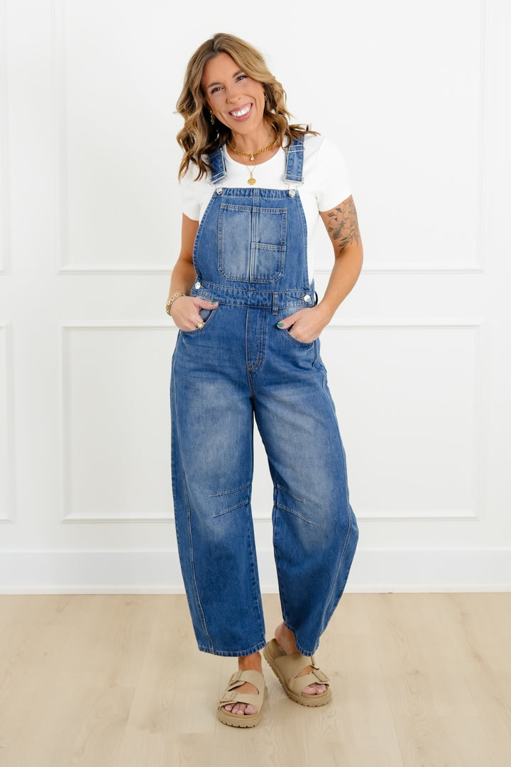 Medium Washed Barrel Overalls