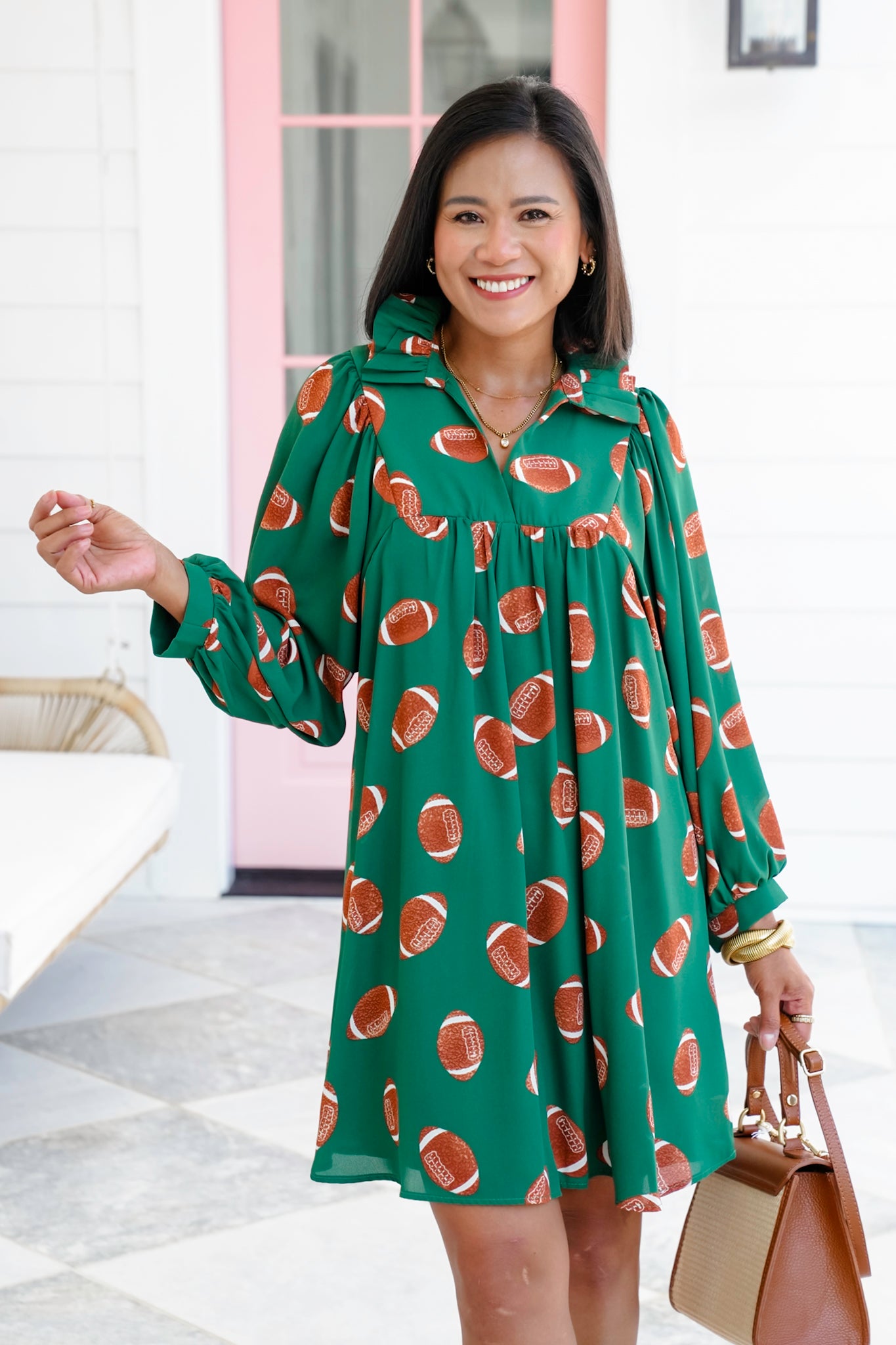 Plus/Reg Football Print Long Sleeve V Neck Midi Dress
