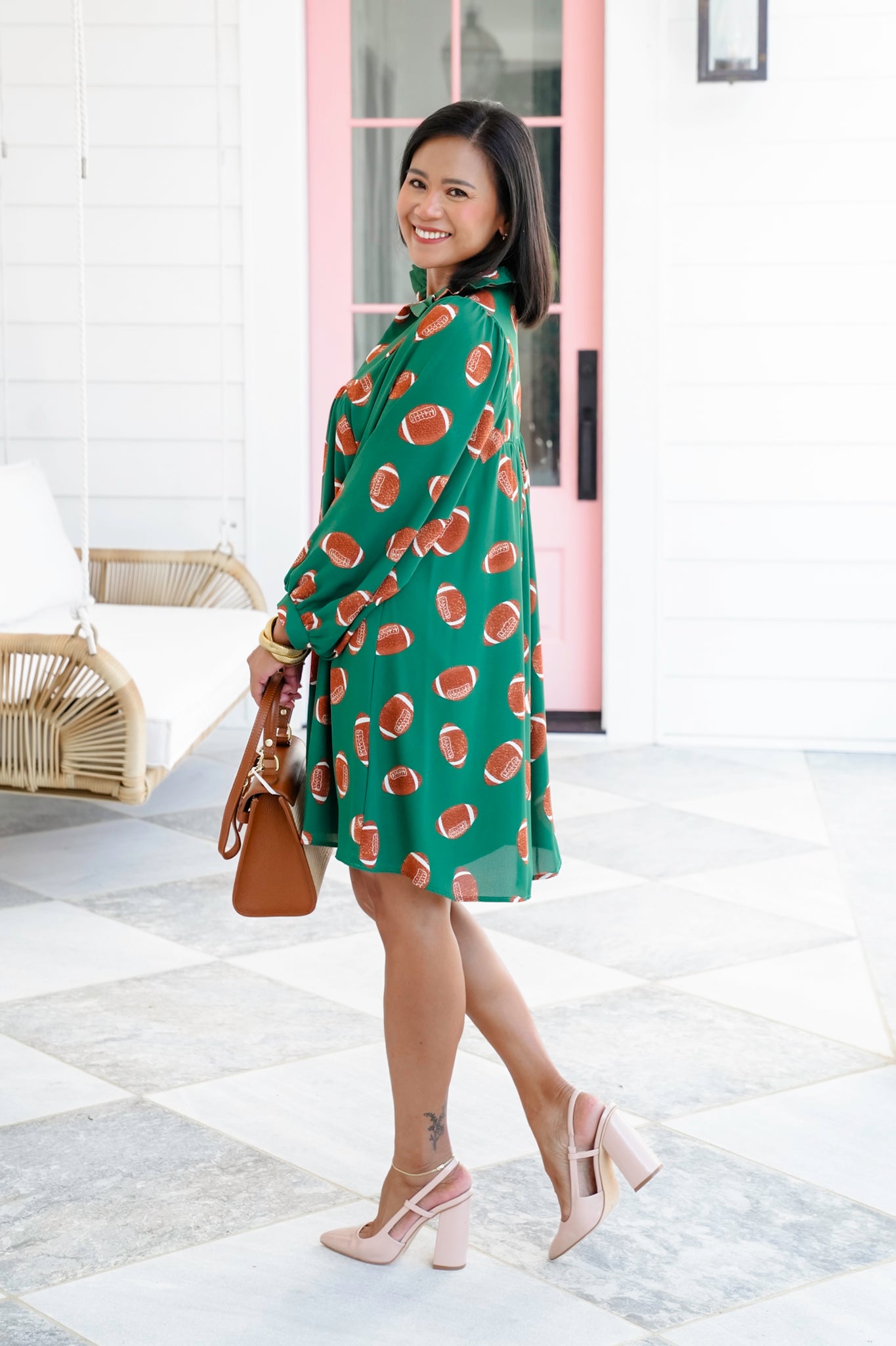 Plus/Reg Football Print Long Sleeve V Neck Midi Dress