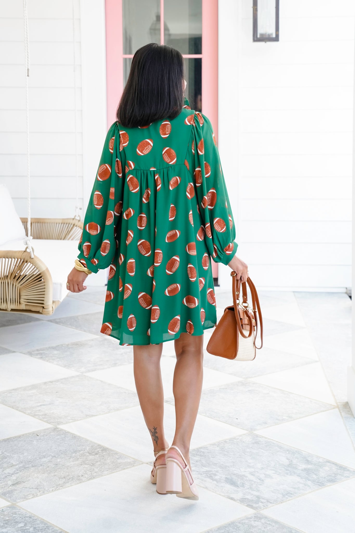Plus/Reg Football Print Long Sleeve V Neck Midi Dress