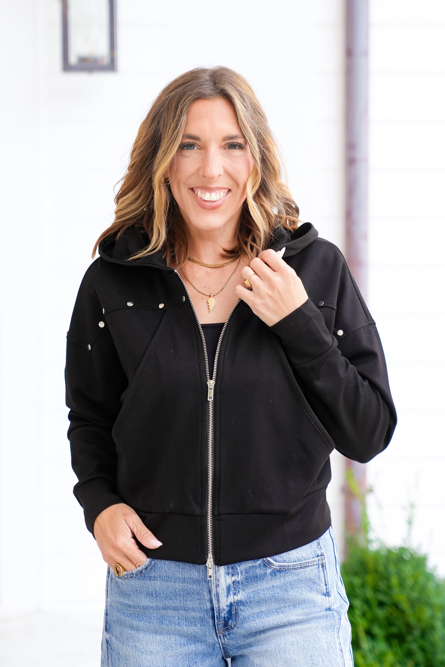 Plus/Reg Studded Long Sleeve Zip-Up Hooded Jacket